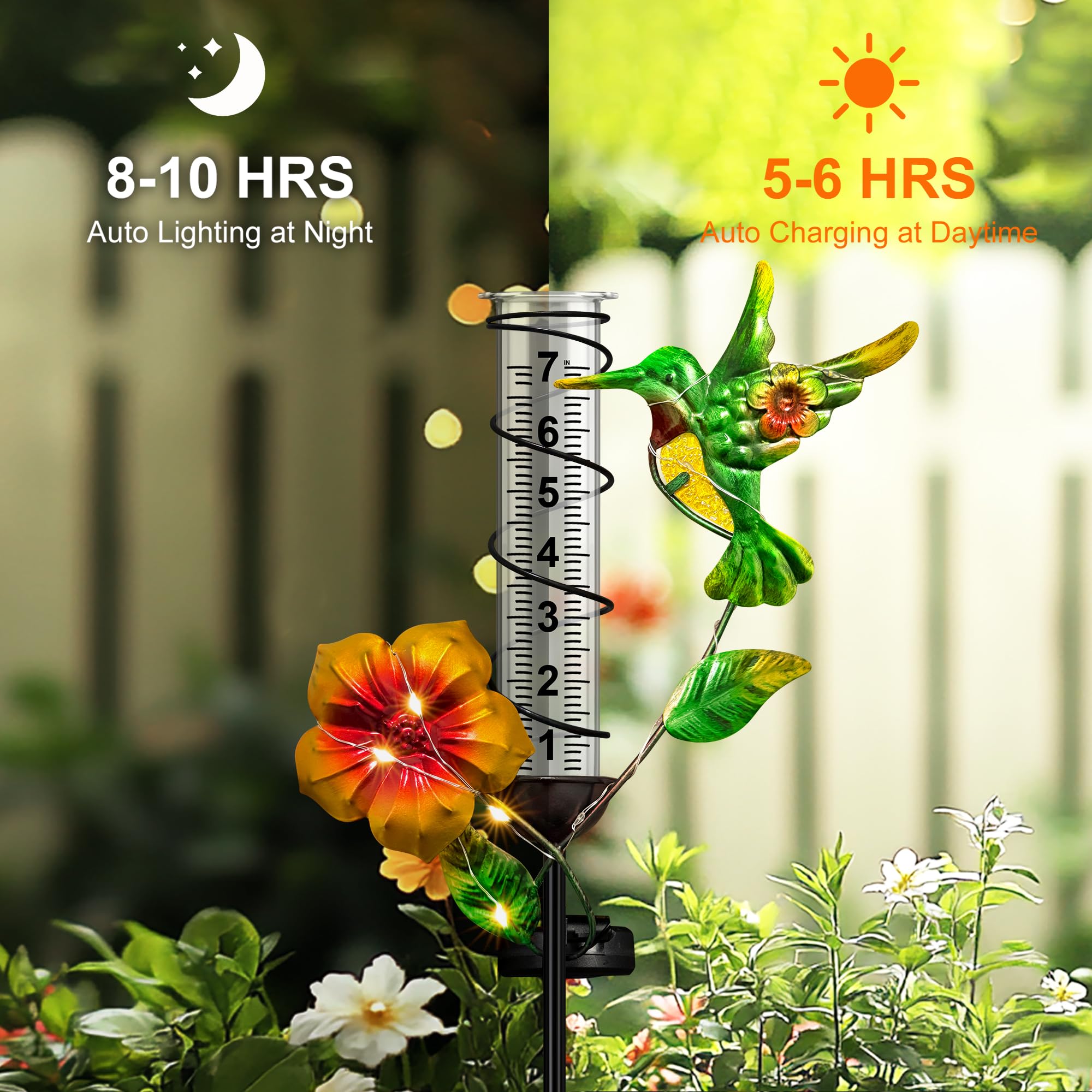 Pluviometro per esterni, con colibrì, con luci solari a LED, antigelo, regolabile in altezza, manometro in metallo per decorazione da giardino