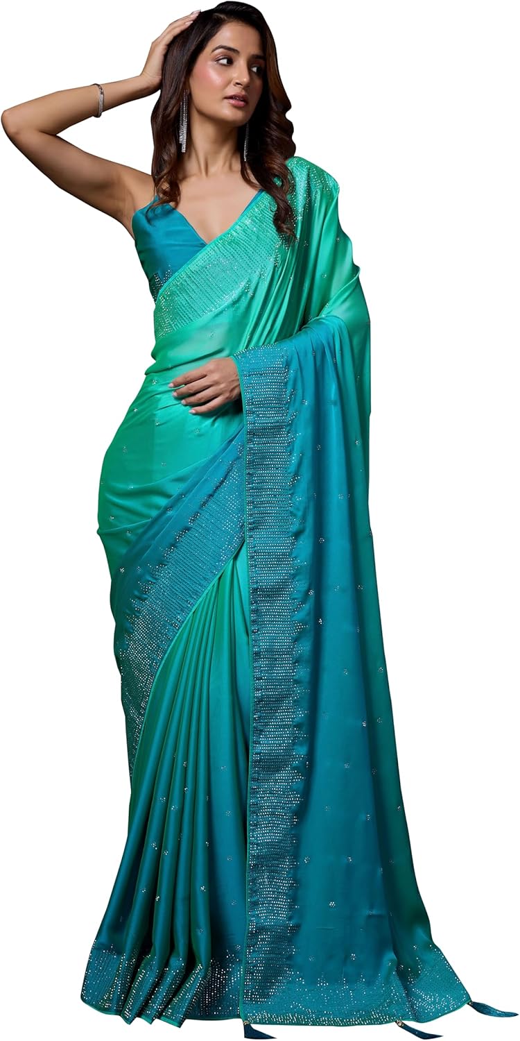 TRENDMALLS Women’s Rangoli Silk Heavy Siroski Double Shade Saree with Unstitched Blouse Piece