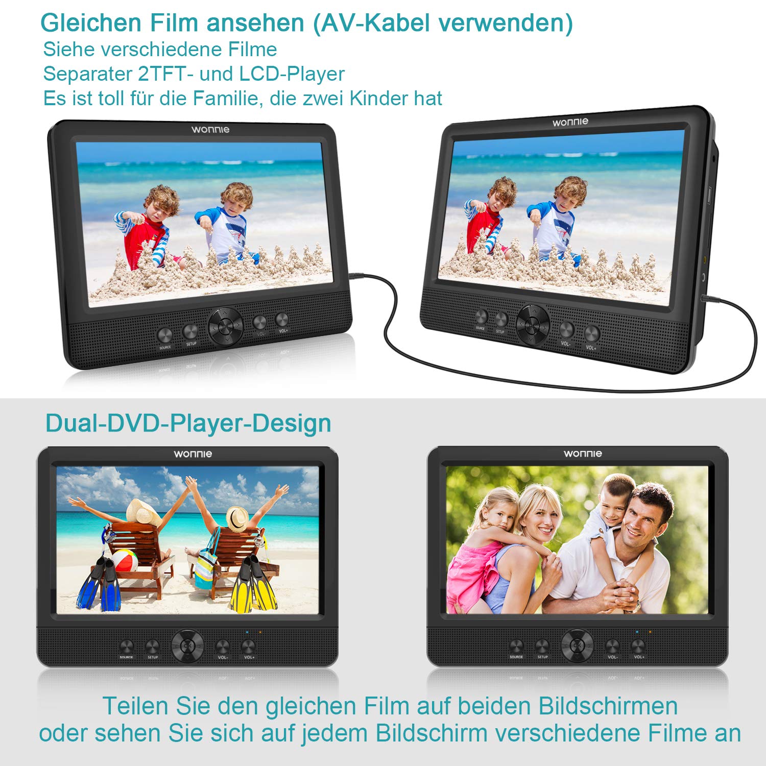WONNIE Dual 10,5" Auto Tragbarer DVD Player 2 Monitore mit 5 Stunden Rechargble TFT Display Kopfstütze Doppelbildschirm, Unterstützung USB/SD/AV IN/Out