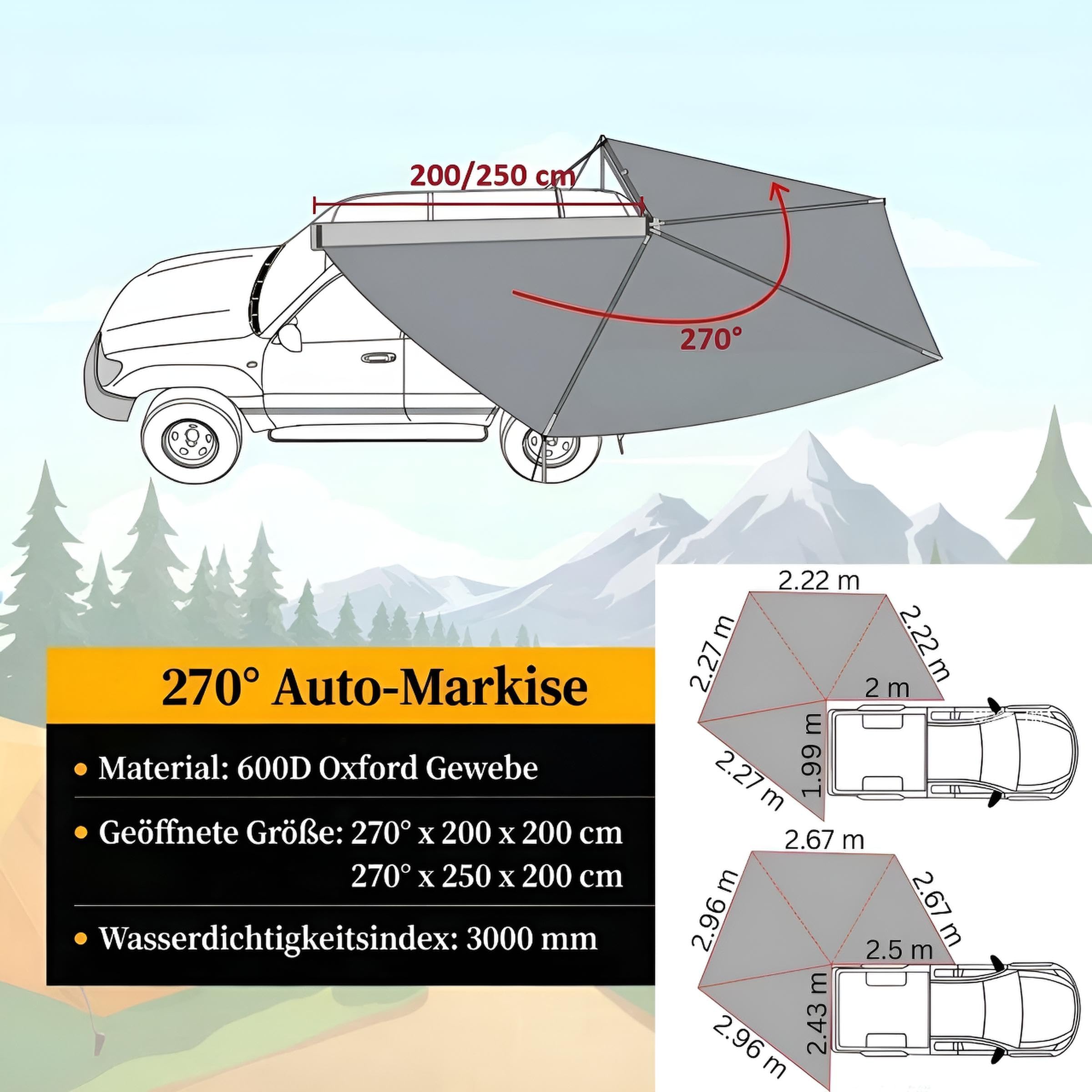 Markisenvorzelt 270° Autodachmarkise Auto Markise, Vordach, Dachzelt Schwarz/Grau LED (200x200cm für die Beifahrerseite)