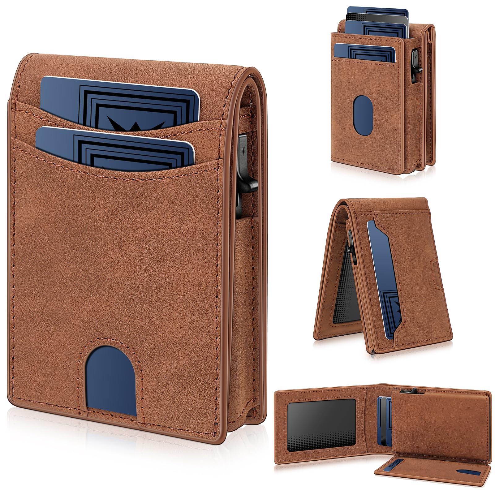 Plinvo Genuine Leather Wallet for Men Pop-Up Magnetic Card Holder RFID Blocking Slim and Functional Design Black (Coffee Brown)