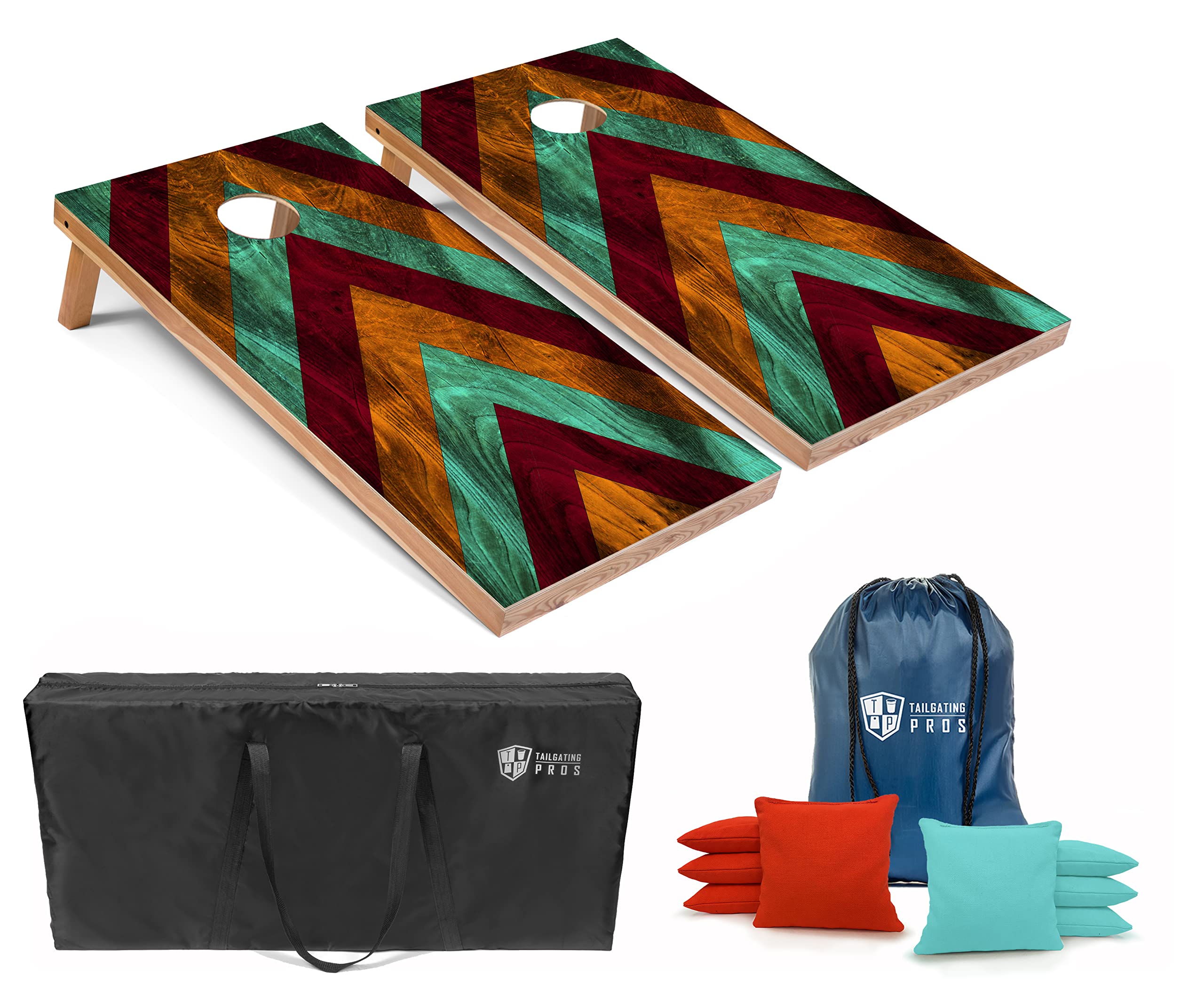 Tailgating Pros Lightweight Cornhole Boards - 4'x2' Modern Wooden Designs Cornhole Game w/Carrying Case & Set of 8 Corn Hole Bean Bags w/Tote
