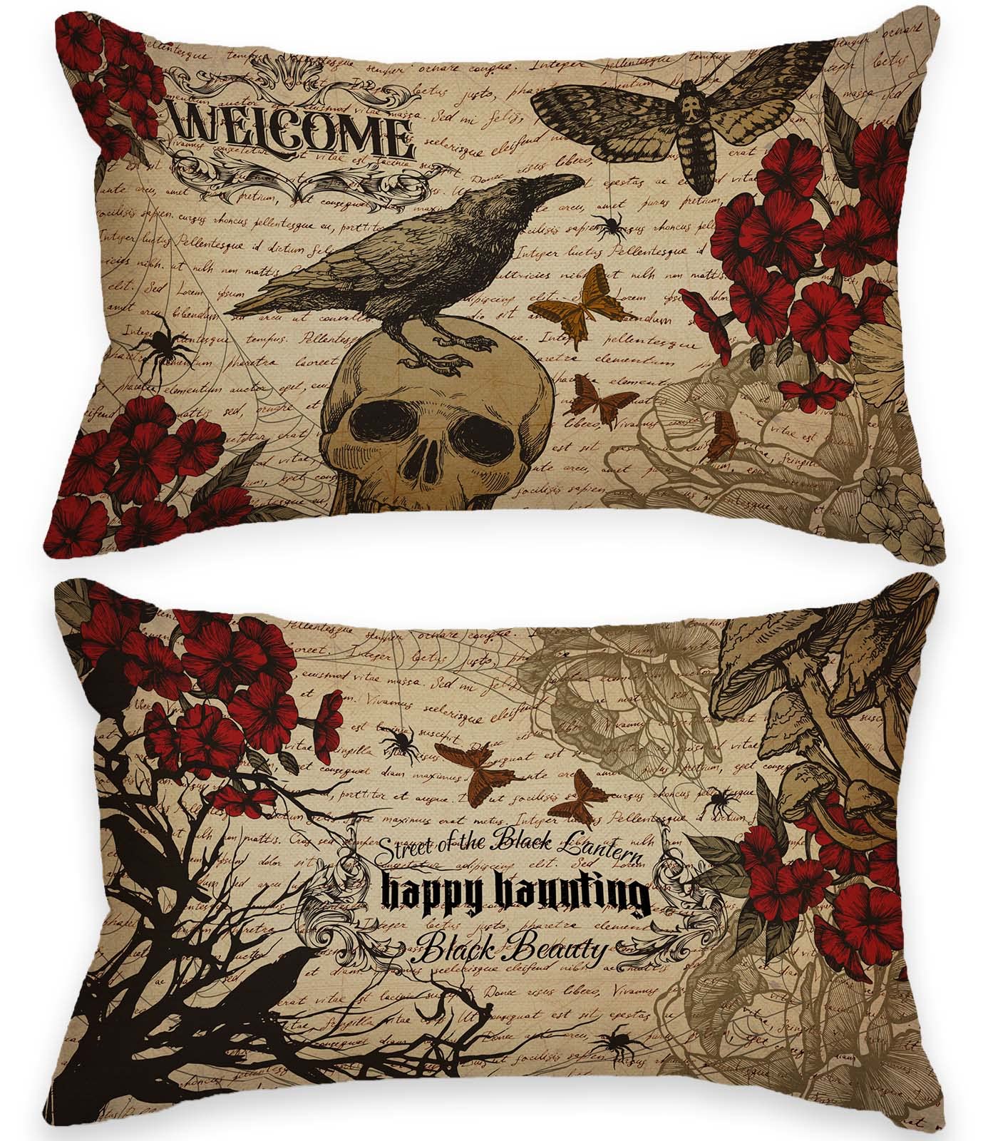 Linen Retro Crows Halloween Pillow Covers 12x20 Set of 2 Throw Pillow Case Witch Ravens Black Rose Skull Mushroom Moths Butterfly Halloween Decorations Bed Couch Sofa Pillow Car Chair