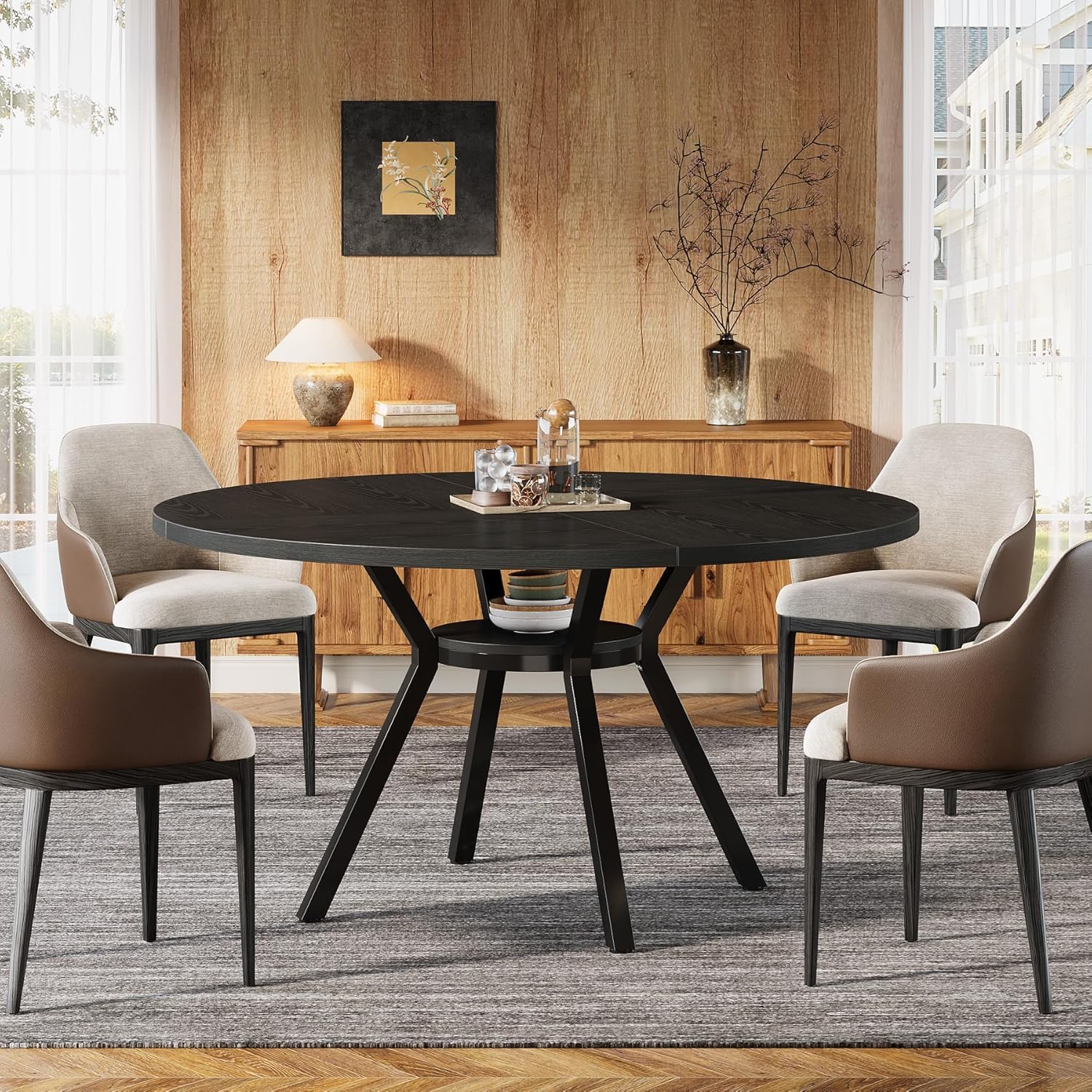 Tribesigns Table De Salle à Manger Ronde Pour 4-6 Personnes, Table De Cuisine Circulaire De 120 Cm Avec Surface Texturee En Bois Avec Pieds En Bois Massif Pour Cuisine Salon Marron Marron 85159409
