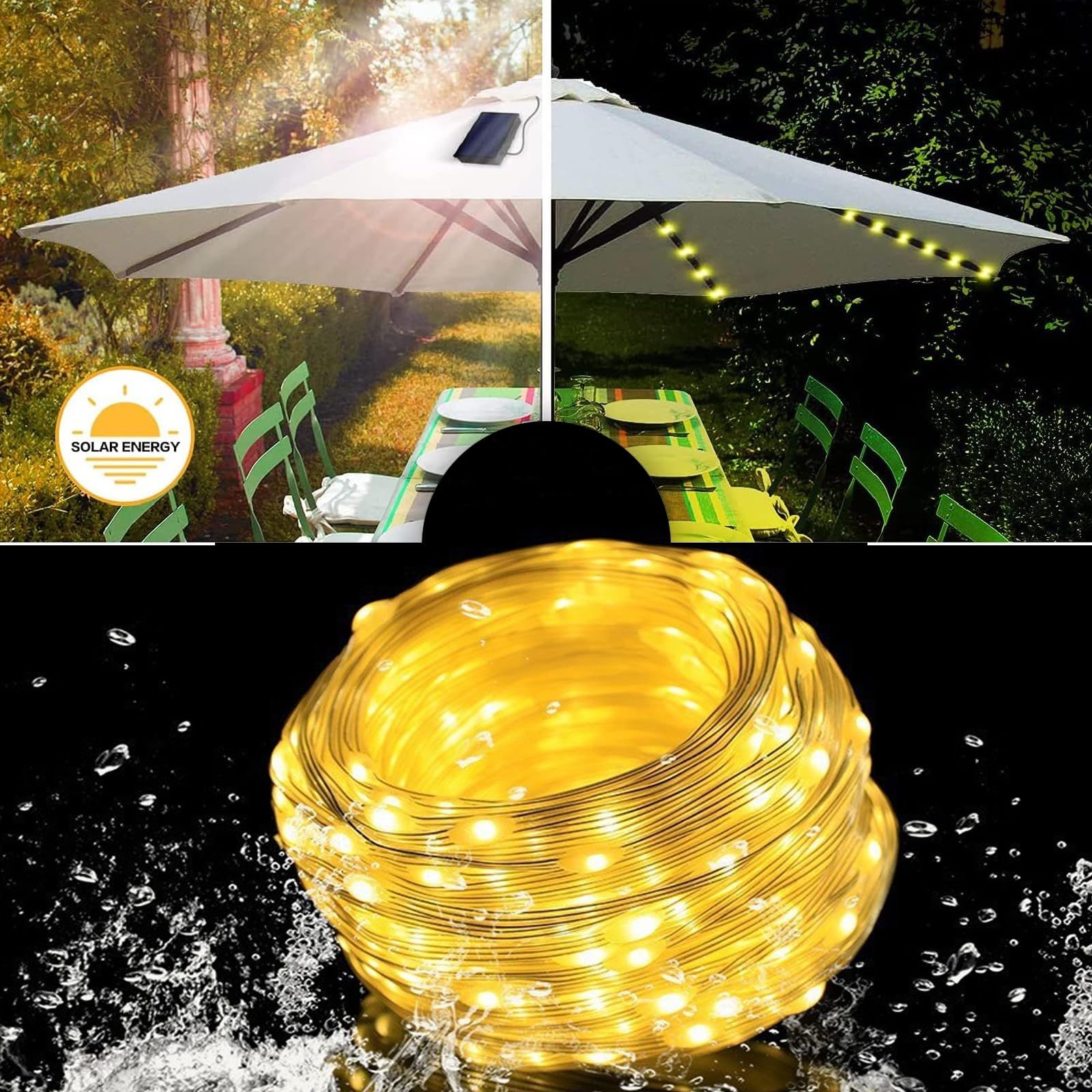 Guirlande lumineuse solaire pour parasol - 104 LED - Éclairage solaire avec télécommande - 8 modes - Guirlande lumineuse pour parapluie - Étanche - Pour tente de camping - Décoration de
