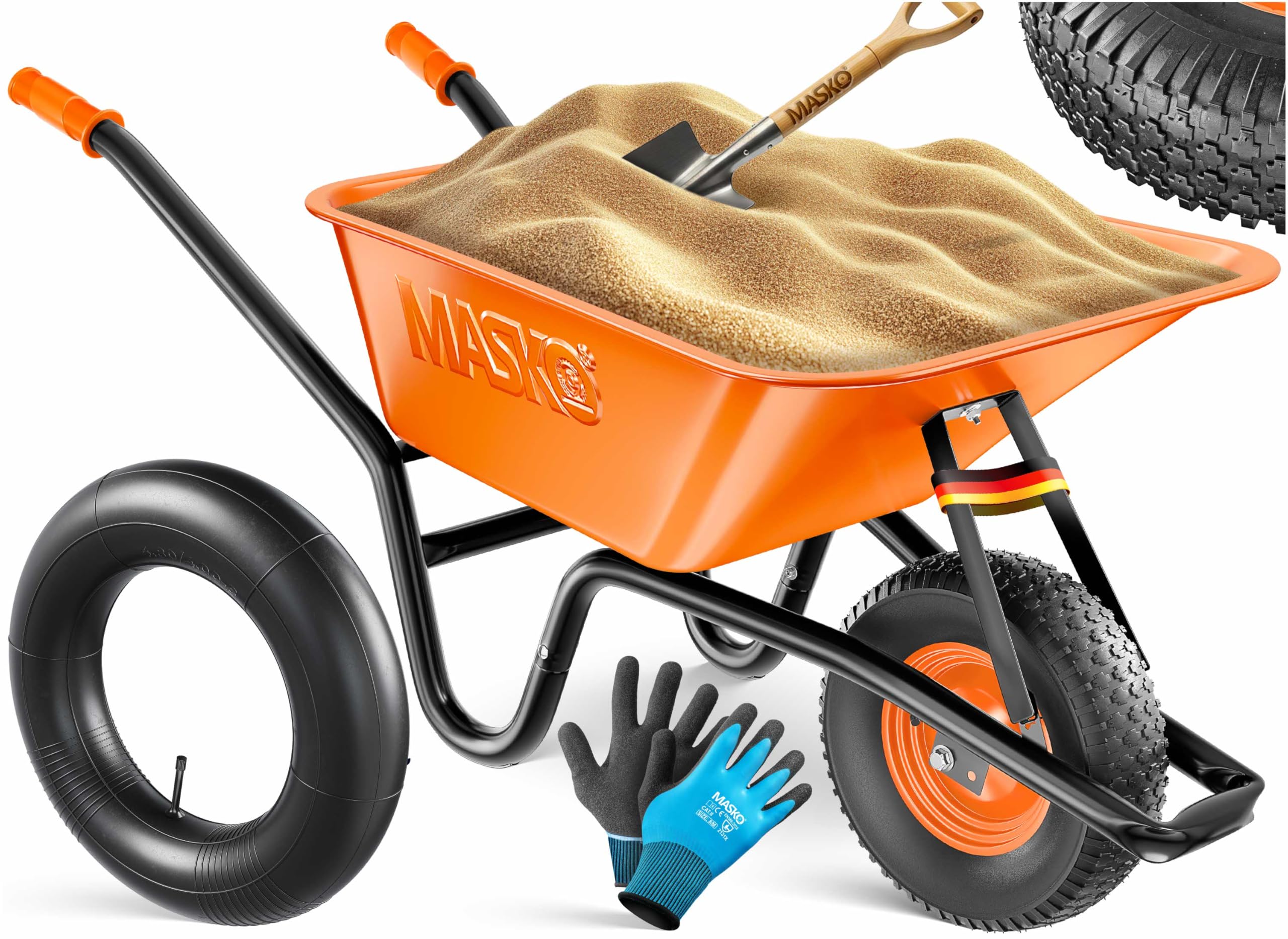 MASKO® Garden and Construction Wheelbarrow | 100 Litres 250 kg Air Tires with Steel Rim + Spare Tube for Wheelbarrow | Galvanised Steel Frame Garden Trolley, Orange