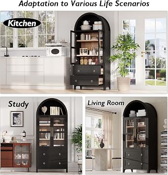 Curved Bookshelf with Cabinet, Tall Arch Bookcase with Drawers, Black Book Shelf with Glass Doors, Wood Arched Bookshelf with Adjustable Shelves for Study Office (Black)