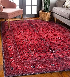 DAPHNE HOME DECOR Machine Washable Rug, Non-Slip, Soft Low Pile Carpet, Vintage Boho Area Rugs for Kitchen, Bedroom, Living Room (Red - Terrarossa, 80x150 cm)
