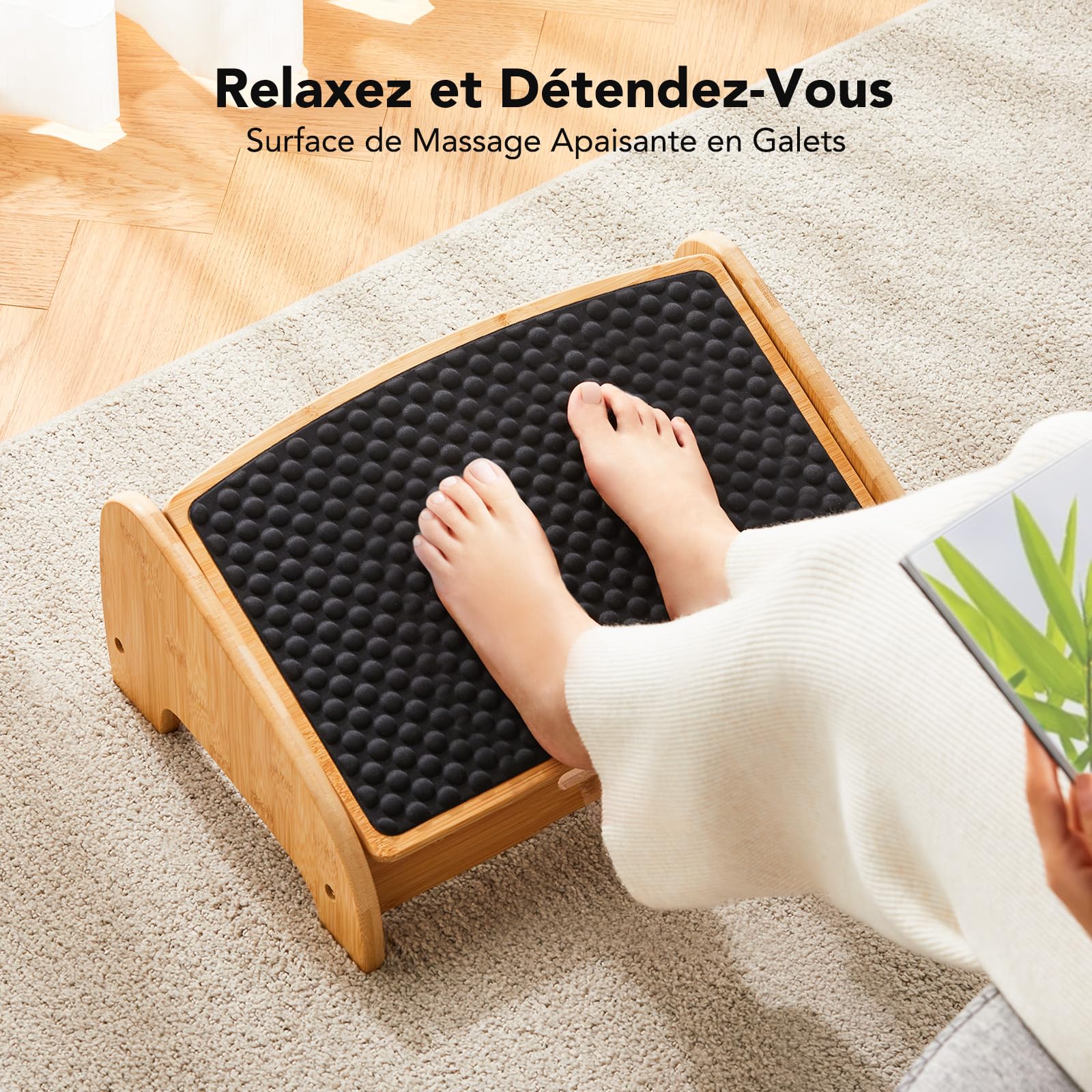 HUANUO Repose pieds bureau en bois bambou, repose pieds ergonomique avec 4 hauteurs & angles ajustables,surface massage en galets, repose pieds bureau antidérapant, meilleure posture maison & bureau