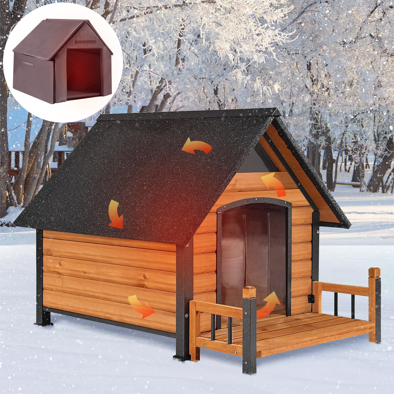 Dog House Outdoor with Insulated Liner Anti-Biting Metal Iron Frame Winter Dog Kennel for Small Mediun Dogs Weatherproof,Brown 100% Insulated