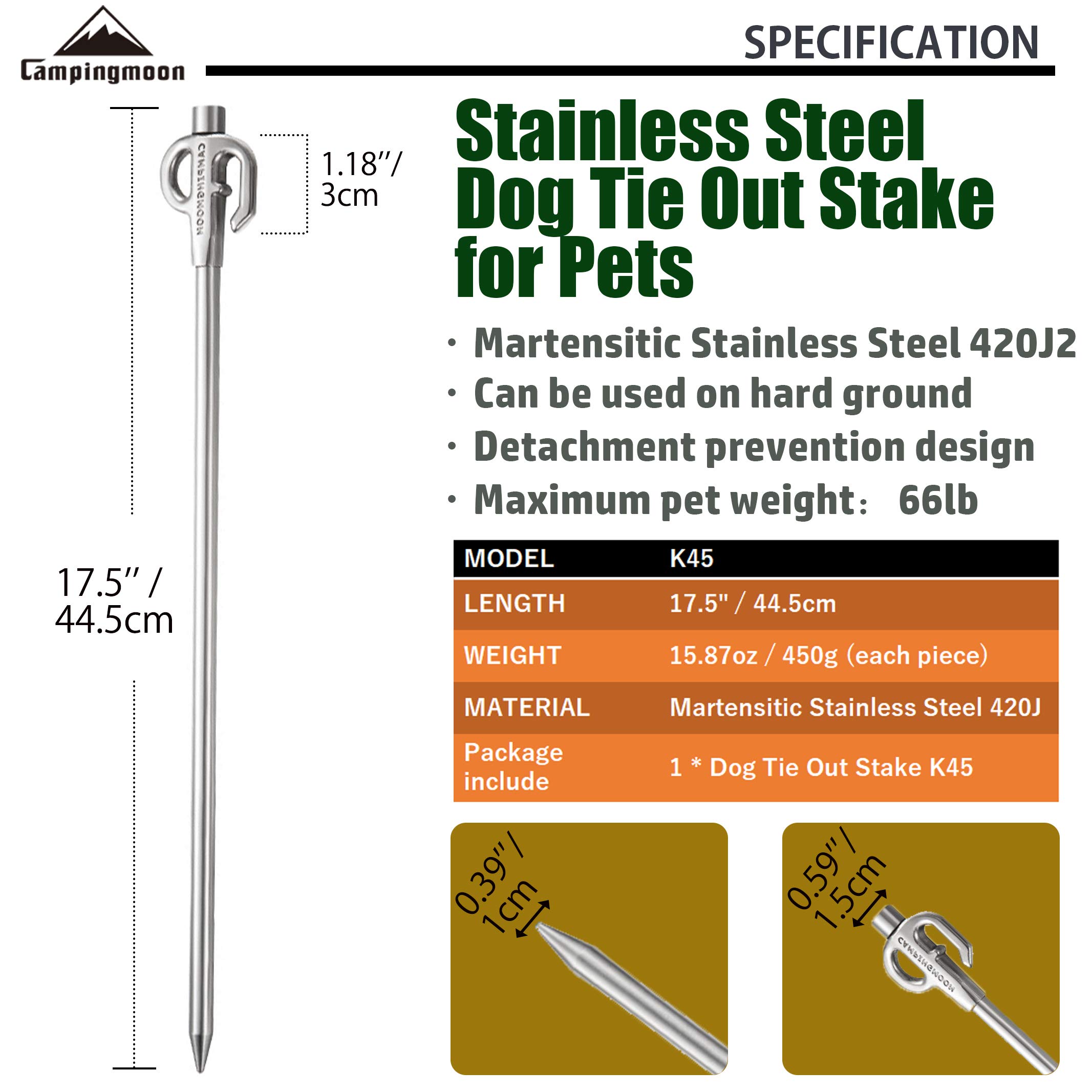 camping moon Campingmoon K45 - Palo per cani in acciaio inox, per animali domestici, 43,2 cm, colore: Nero
