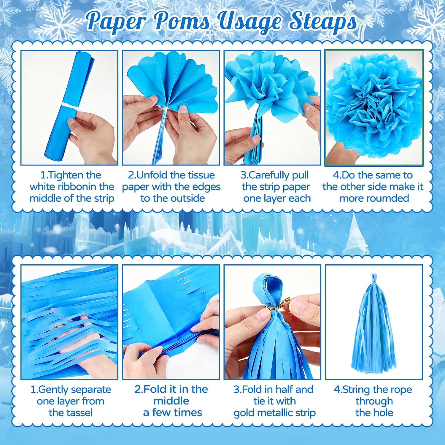 Frozen Party Decorations Cartoon Birthday Party Decoration Winter Snowflake Happy Birthday Banner Balloons Tassel Garland Fringe Curtain Tissue Paper Pompoms for Girls Baby Shower Christmas Decor