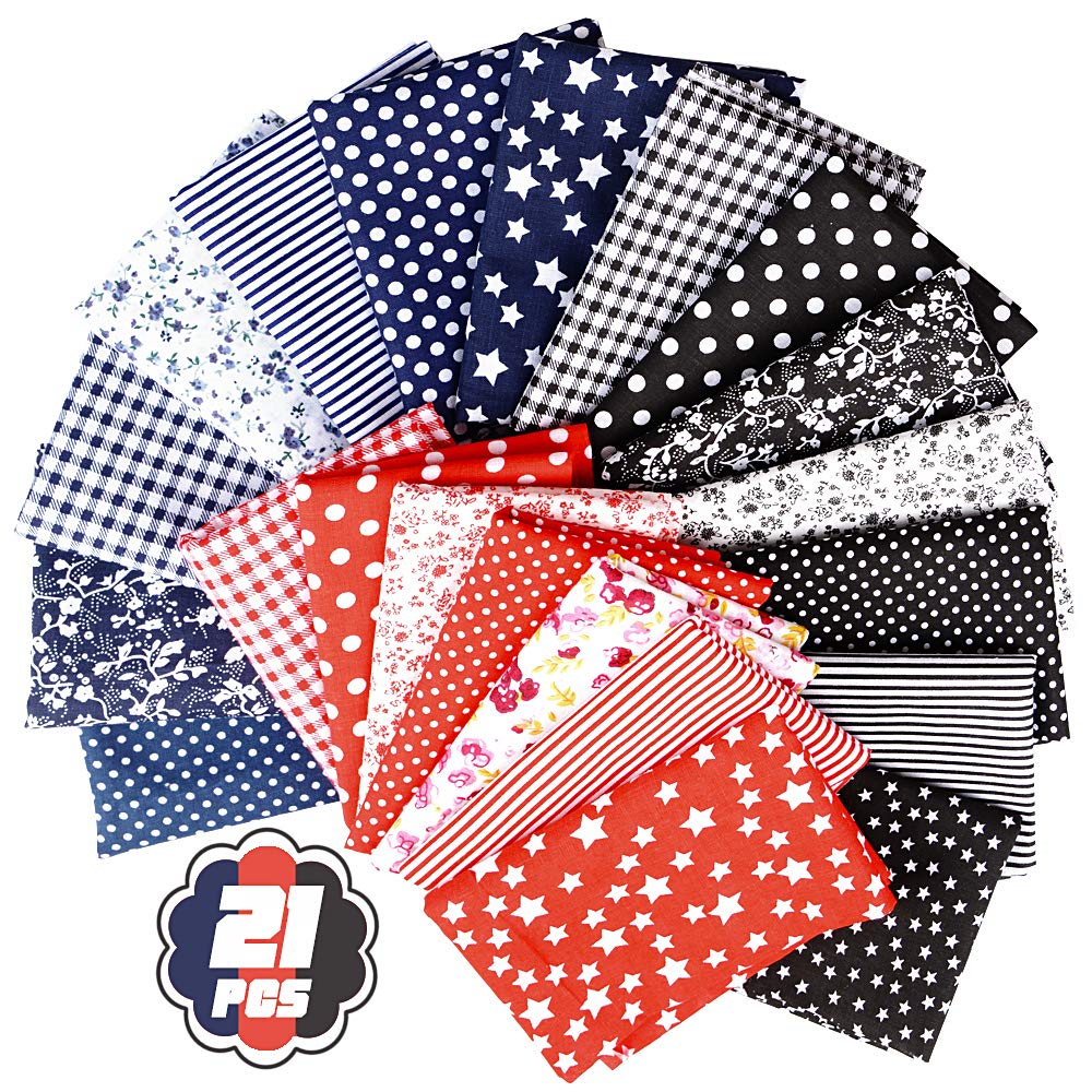 MEJOSER 21Pcs 50x50cm Patchwork Cotton Fabric Different Pattern Patchwork Fabric Craft Floral Printed Cotton Squares Bundles Quilting Sewing Patchwork Artcraft DIY Accessories (red, Navy, Black)