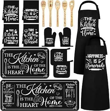 Bencailor 17 Pcs Black and White Kitchen Decor and Accessories Black and White Kitchen Rug and Mat Oven Mitts and Pot Holders Apron Dish Towels Cute Wooden Spoons for Home Decor Housewarming Gifts