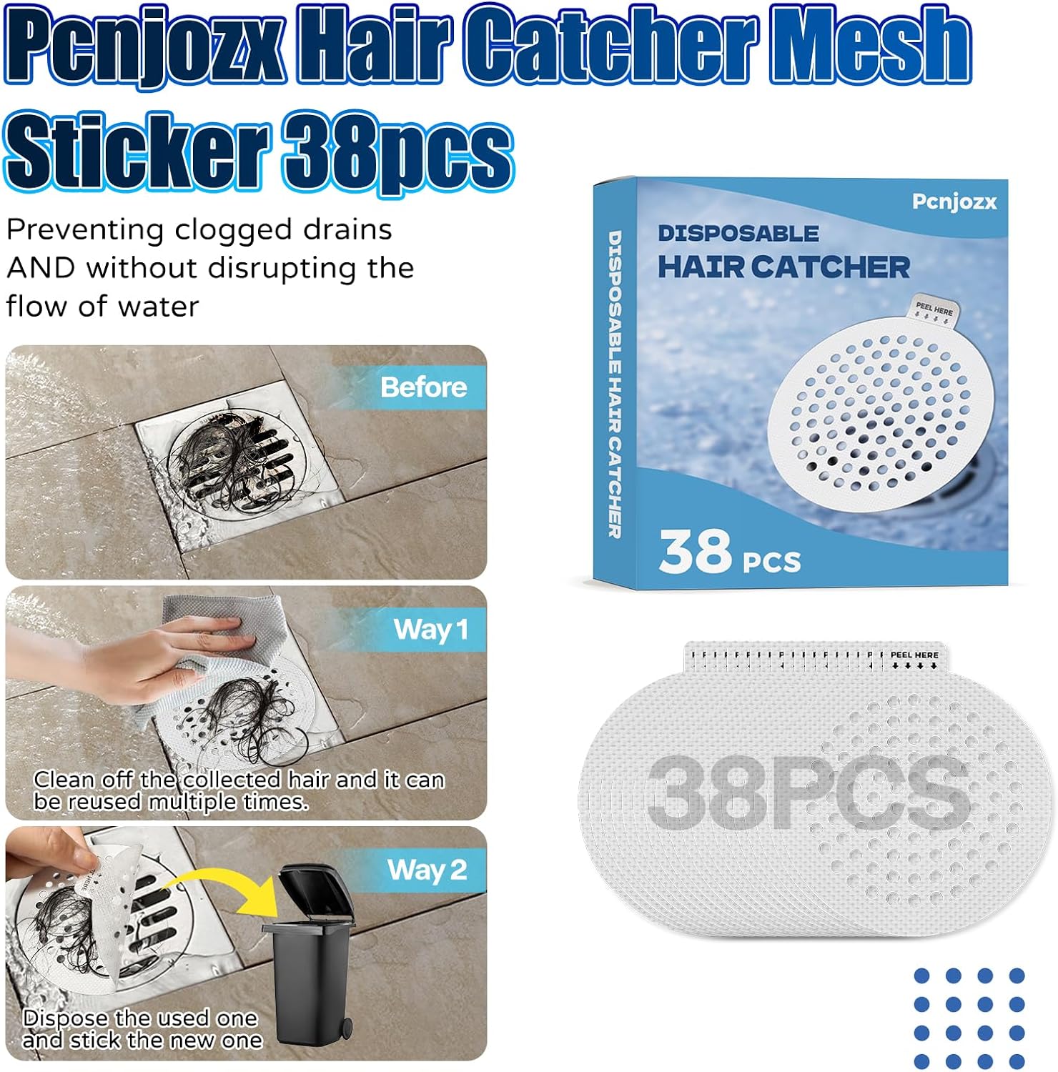 38 PCS Disposable Shower Drain Hair Catcher, Mesh Drain Covers Stickers, Peel & Stick Drain Strainers to Stop Clogs, Strong Adhesive Mesh Stickers for Bathtub, Bathroom, Kitchen Sink, Easy Peel Remove