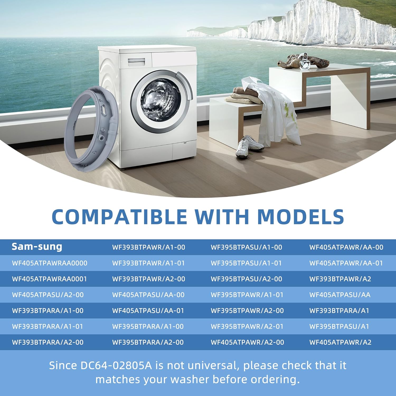 DC64-02805A Washer Door Seal Fit for Sam-sung Washer Door Seal Model WF393BTPARA/A2 WF395BTPASU/A2 WF395BTPAWR/A2 WF405ATPAWR/A2 Front Load Inlet, Replaces 2813214 PS4211765 by AMI PARTS