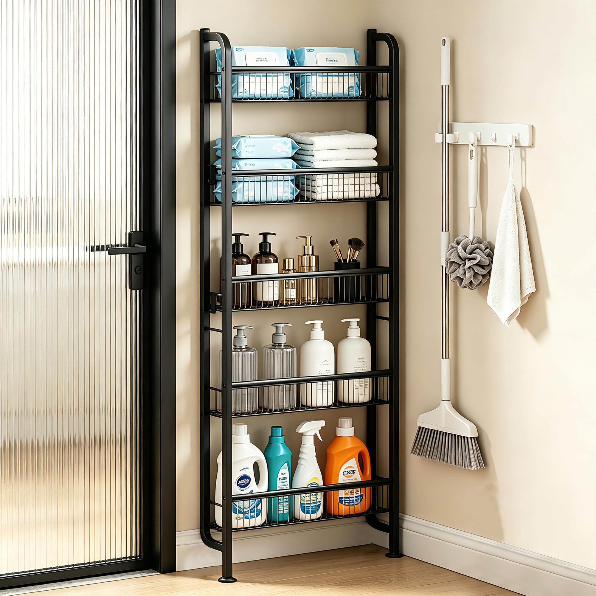 Scaffale sottile dietro la porta, 5 ripiani in metallo, libreria per cucina