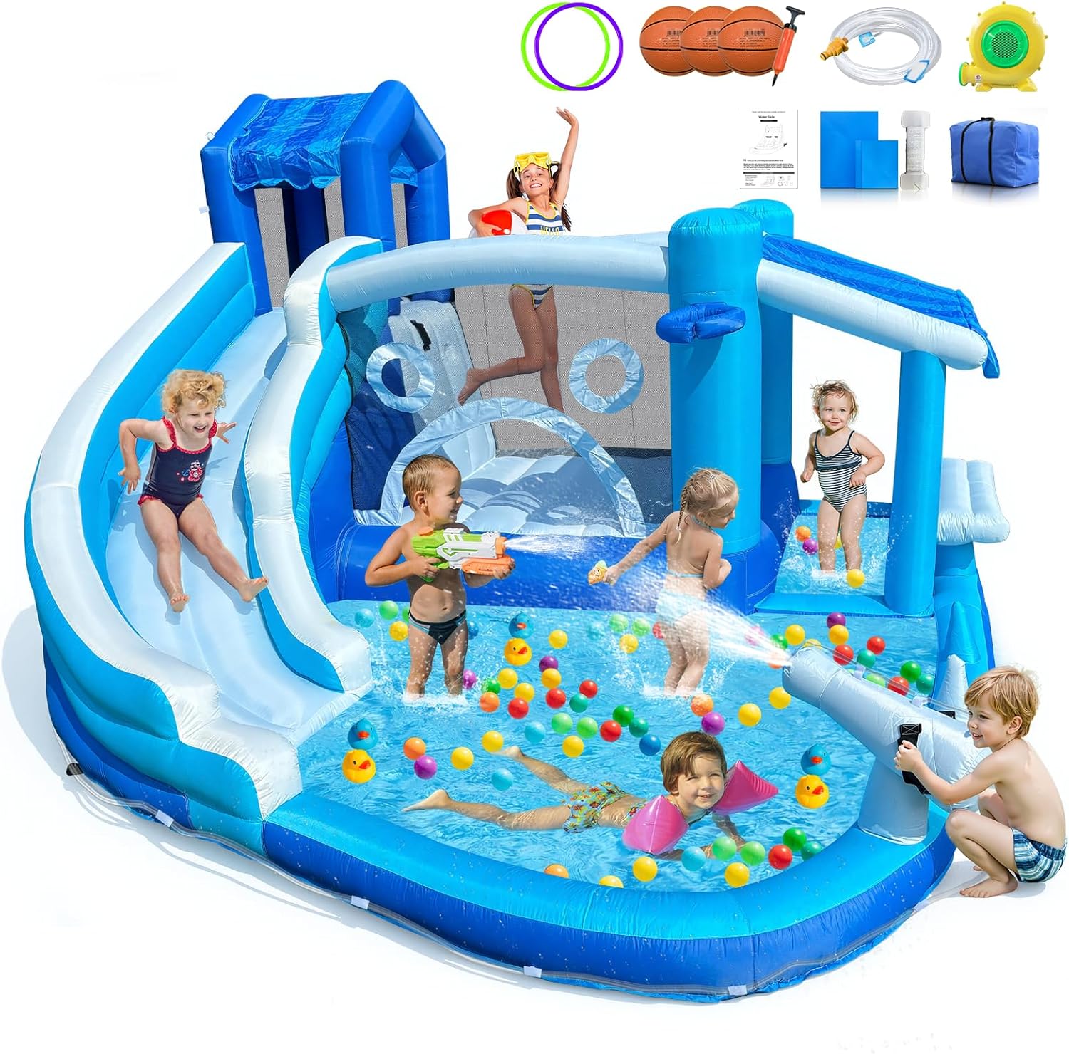 Inflatable Water Slide, Bounce House with Slide for Kids, Inflatable Waterslide Park with Splash Pool, Basketball Hoop, Ball Shooting & Water Cannon for Backyard, Outdoor, Indoor
