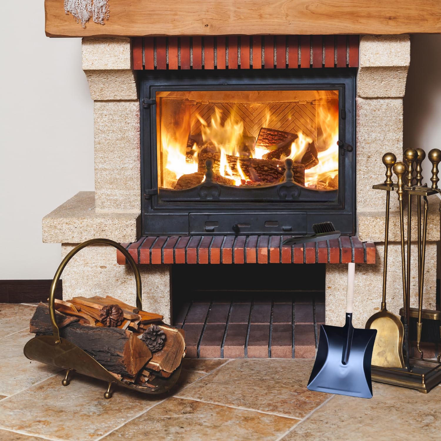 Lezevn 2pcs Fireside Companion Tool Set Fireplace Ash Shovel Coal Shovel Wooden Handle Shape Brush for Wood Stove Fireplace Fire Pit - Image 3