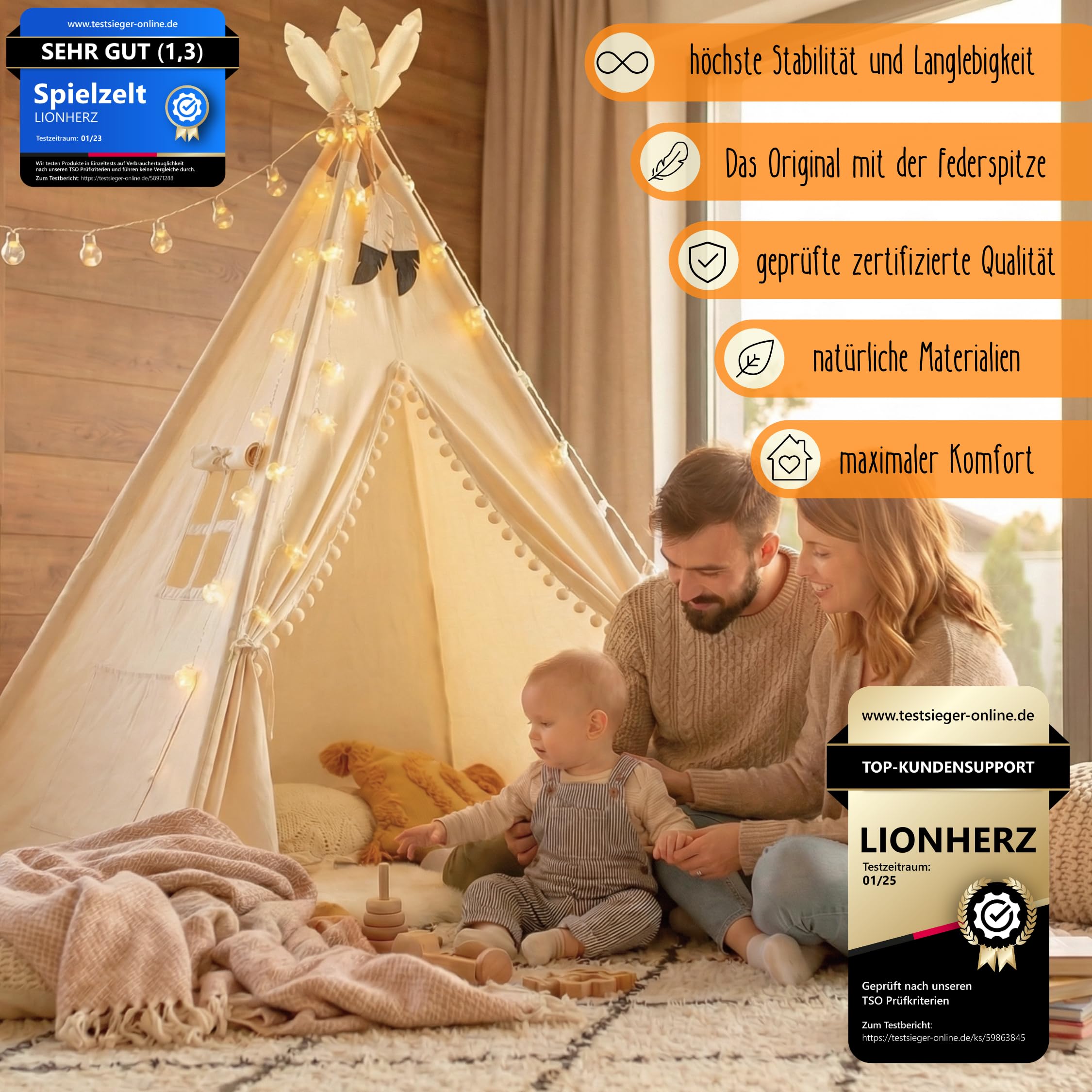 LIONHERZ® DAS ORIGINAL Tipi Zelt Kinder 100% Baumwolle | Kinderzelt Indoor | Tippi inkl. Matte, Stabilisator & Federdeko | atmungsaktiv | Kinderzimmer für Mädchen & Jungen