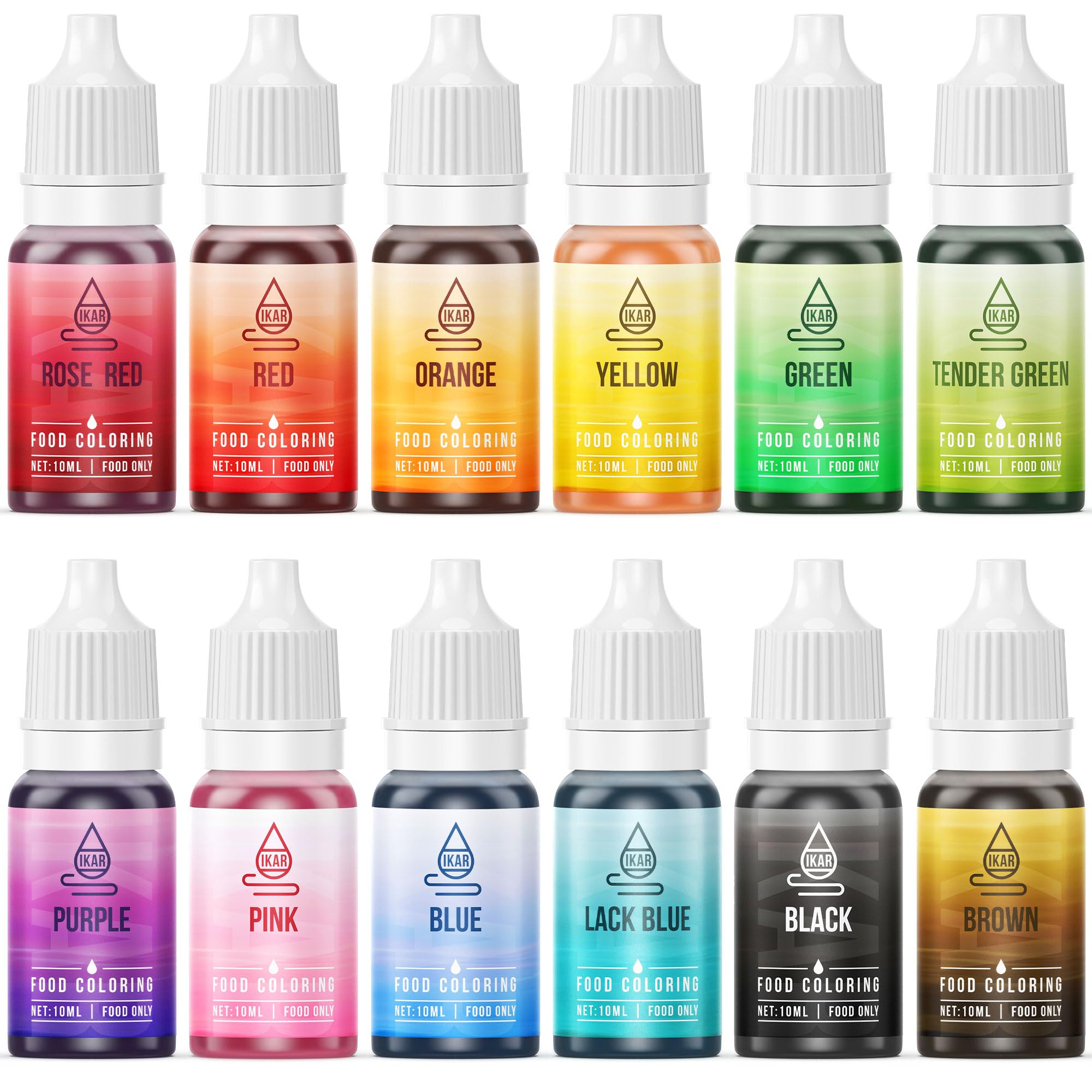 IKAR Lebensmittelfarbe Set – 12x10ml flüssig & hochkonzentriert – Lebensmittelechte Speisefarbe zum Backen, Kochen, Fondant & DIY