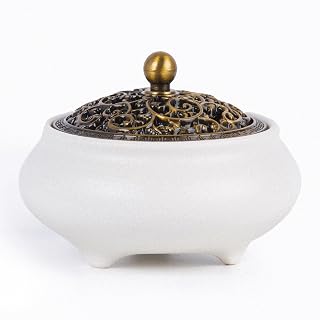 Cone Incense Burner Gift Set – Ceramic Burner with Metal Lid, Holder & Fireproof Cotton – for Stick, Cone & Coil (White)
