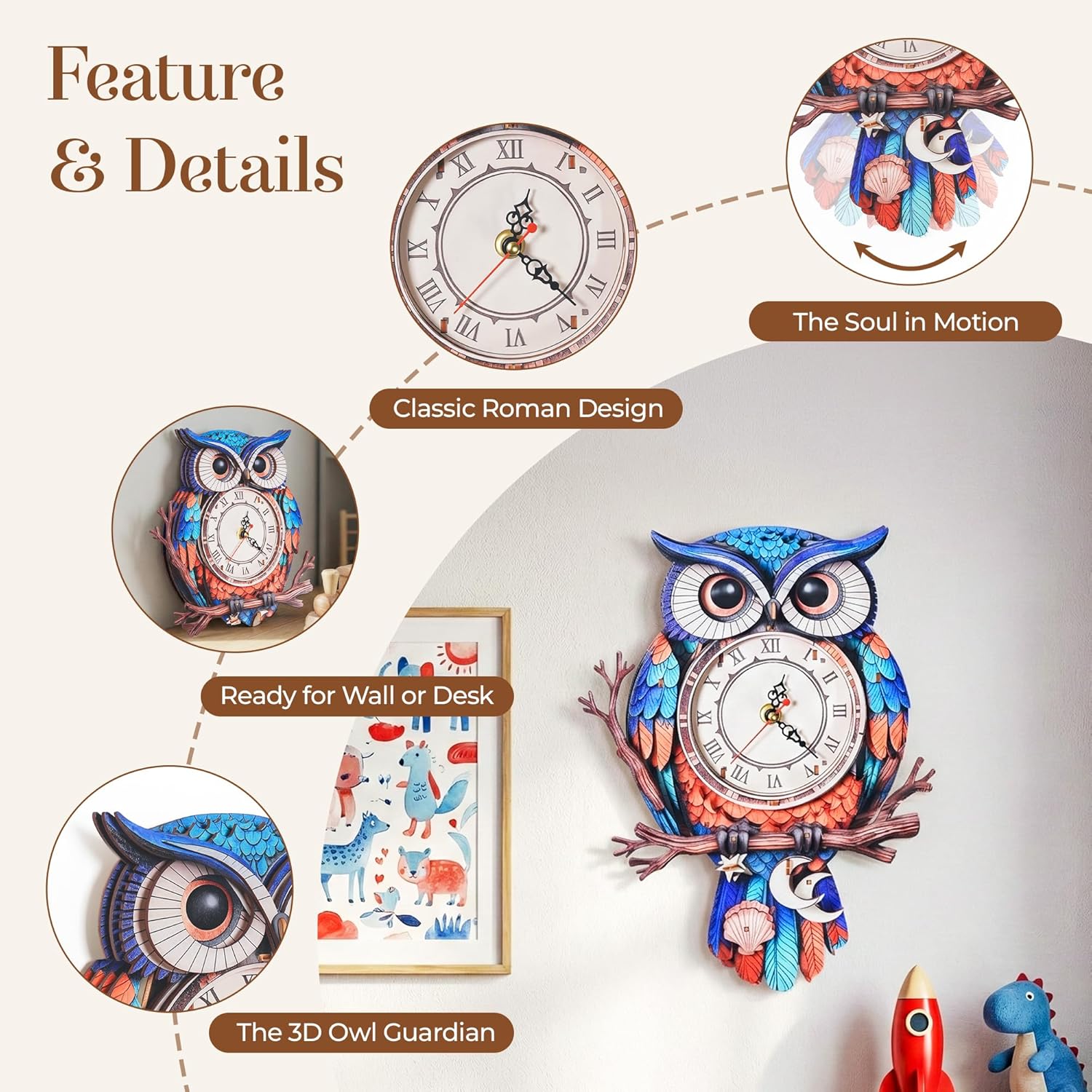 3D Wooden Owl Clock Puzzle – Colorful Deep Cobalt Blue and Red Design – DIY Model Kit for Teens & Adults (15+) – Unique Wall & Desk Clock with Roman Numerals – Gift-Ready Packaging