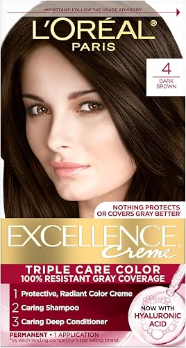 L'Oreal Paris Excellence Crème Permanent Hair Dye, Triple Care Hair Color with Hyaluronic Acid for 100% Gray Coverage, 4 Dark Brown, 1 Kit (Packaging May Vary)