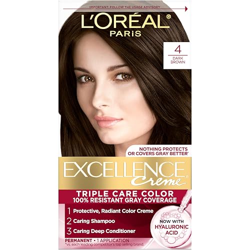 L'Oreal Paris Excellence Crème Permanent Hair Dye, Triple Care Hair Color with Hyaluronic Acid for 100% Gray Coverage, 4 Dark Brown, 1 Kit (Packaging May Vary)