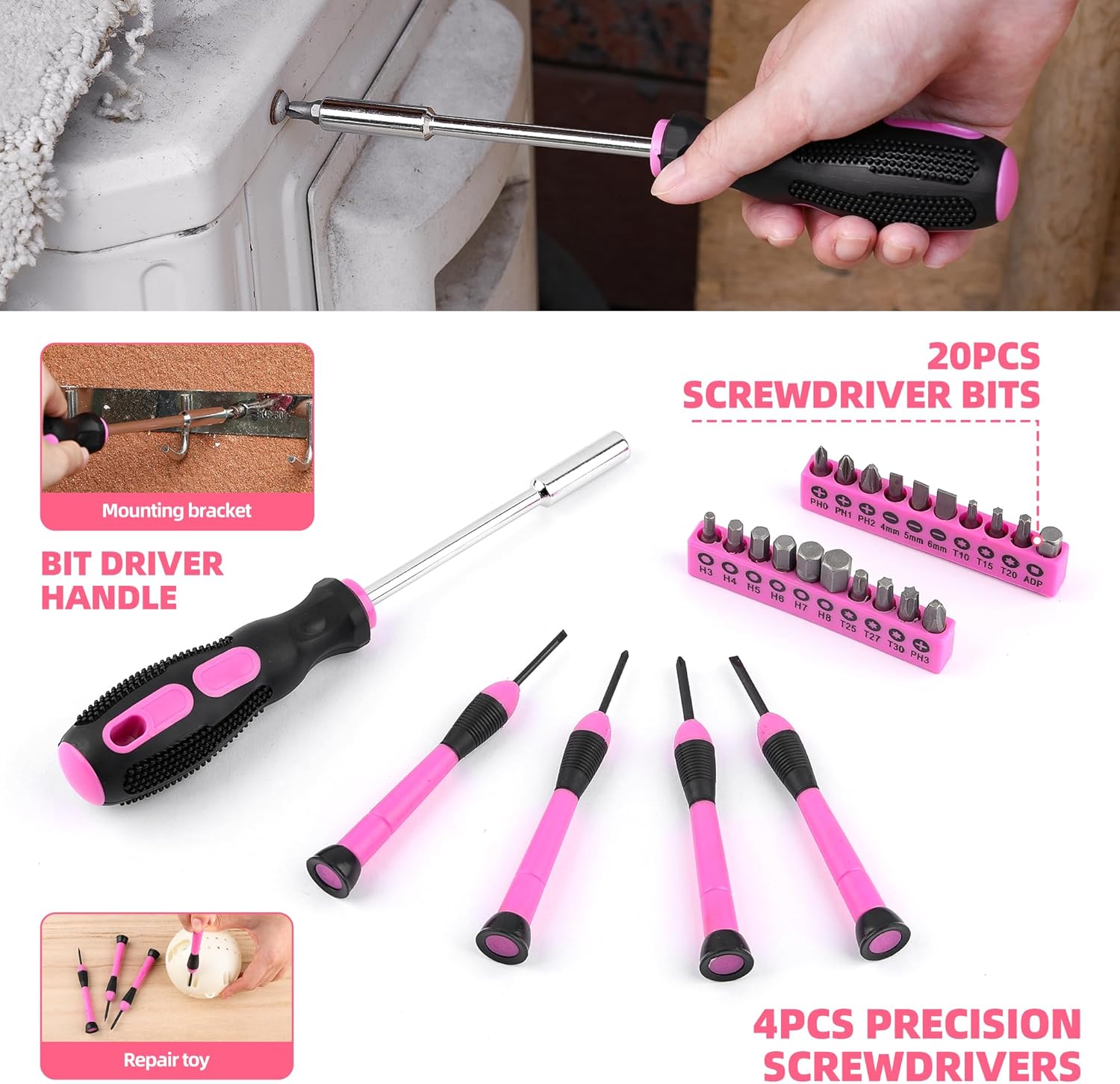 URASISTO 125 PCS Pink Household Tool Set, Pink Ladies Basic House DIY Toolkit Set for Home Garage Office College Dormitory Use, Hand Tool Kits for Women