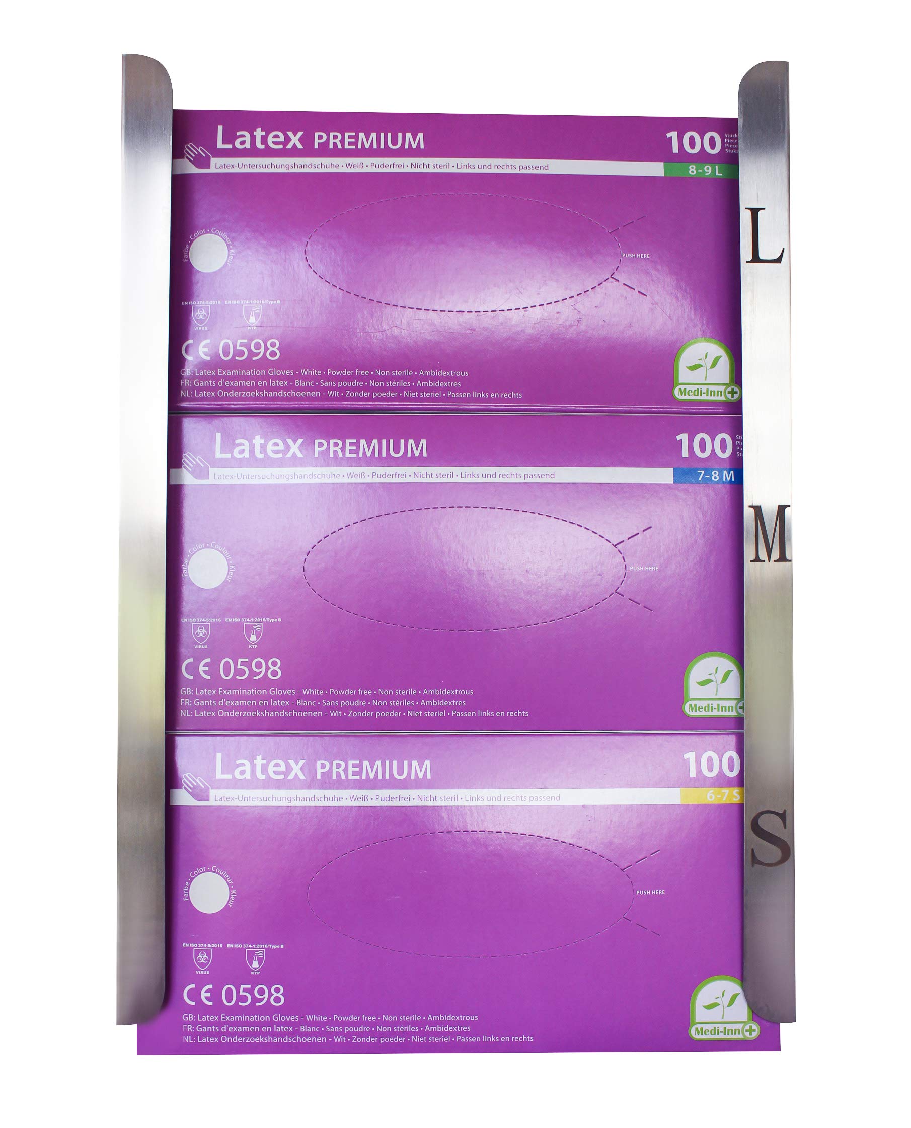 Medi-Inn+ Distributore di guanti in acciaio inox, 3 x 100 guanti monouso in lattice, 3 x 100 pezzi (S, M e L)