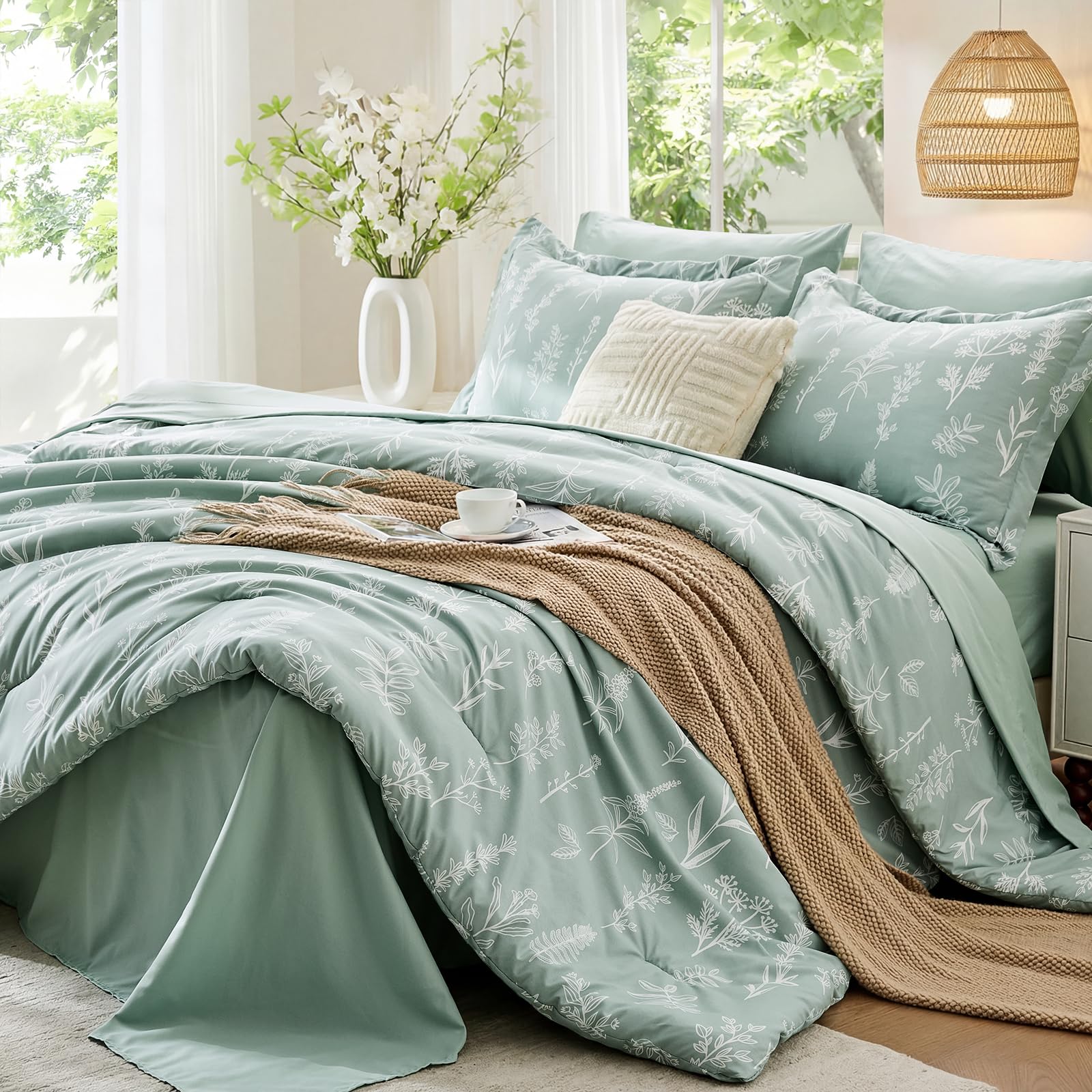 MUXHOMO Queen Comforter Set 7 Pieces, Sage Green Bed in a Bag Queen Reversible Botanical Flowers Design, Ultra Soft & Breathable Bedding Sets with Comforter, Sheets, Pillowcases & Shams