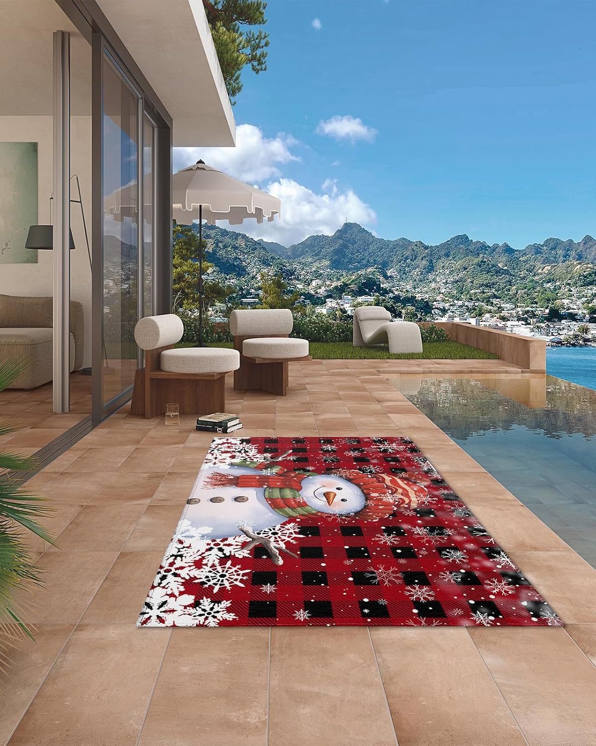 Outdoor Rug, Christmas Snowman Snowflake Scarf Winter Red and Black Plaid Absorbant Non-Slip Area Rugs Mat Carpet for Patio Balcony Porch Backyard Deck Rv Camping 5x8 ft