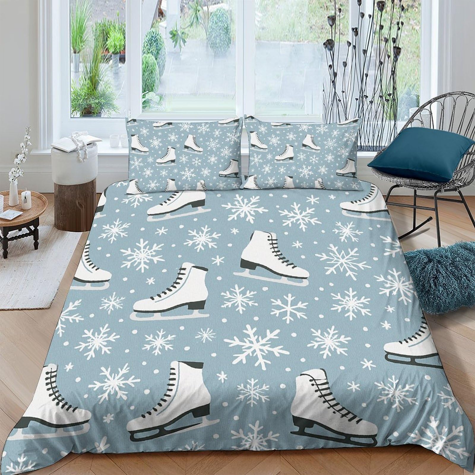 Ctjqhvkz Style-9 3D Printed Ice Skate Snowflake Fitted Sheet Microfiber Soft Blue Mattress Cover For Bedroom Dorm Easy Wash Decor Single（135X200cm）