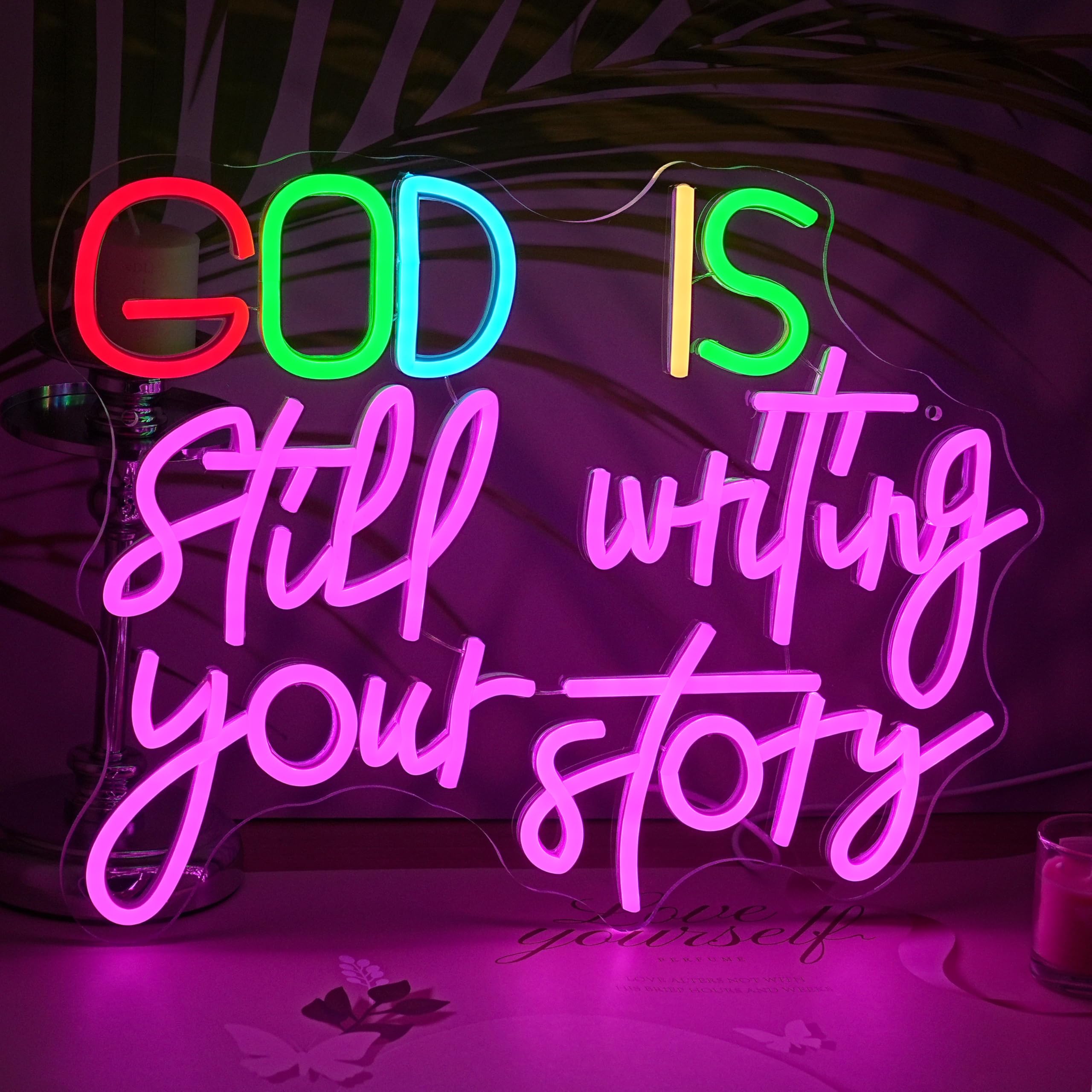 LISIGNVE Insegna al neon con scritta in lingua inglese "God Is Still Writing Your Story" alimentata tramite USB, decorazione da parete, dimmerabile, luce al neon a LED, per chiesa, camera da letto