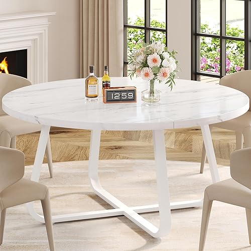 LVB Mesa de comedor redonda de mármol sintético blanco, mesa de comedor circular para 4-6 personas, mesa de comedor con pedestal de mediados de