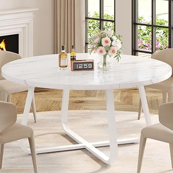 LVB White Faux Marble Round Dining Table, Circle Dining Table Kitchen 4-6 People, Mid-Century Pedestal Dinner Office Living Room, White Marble, 51 Inch