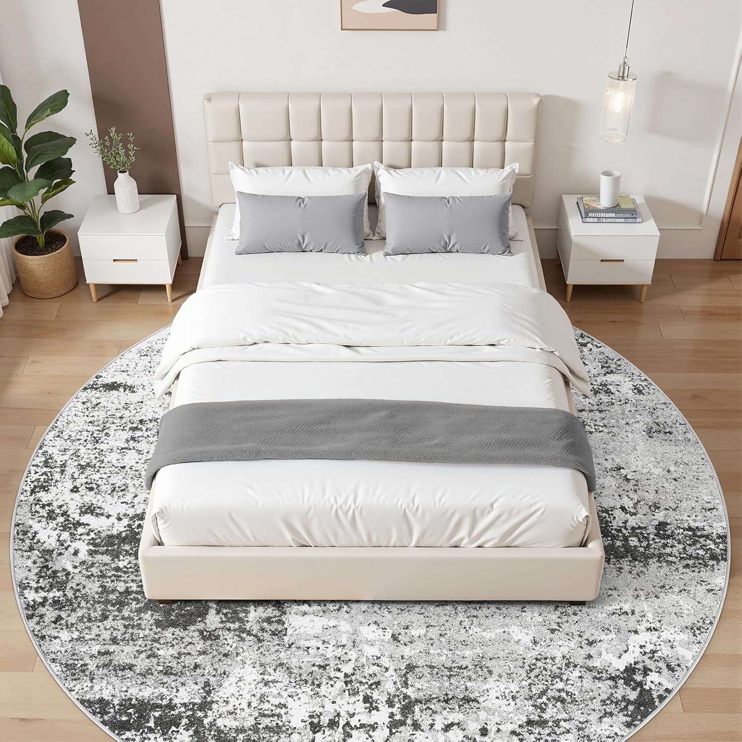 5ft Round Area Rug - 5X5 Abstract Washable Large Soft Foldable Non Slip Rug Neutral Modern Low Pile Carpet for Living Room Bedroom Nursery Dining Room Farmhouse Home Office Indoor - Grey