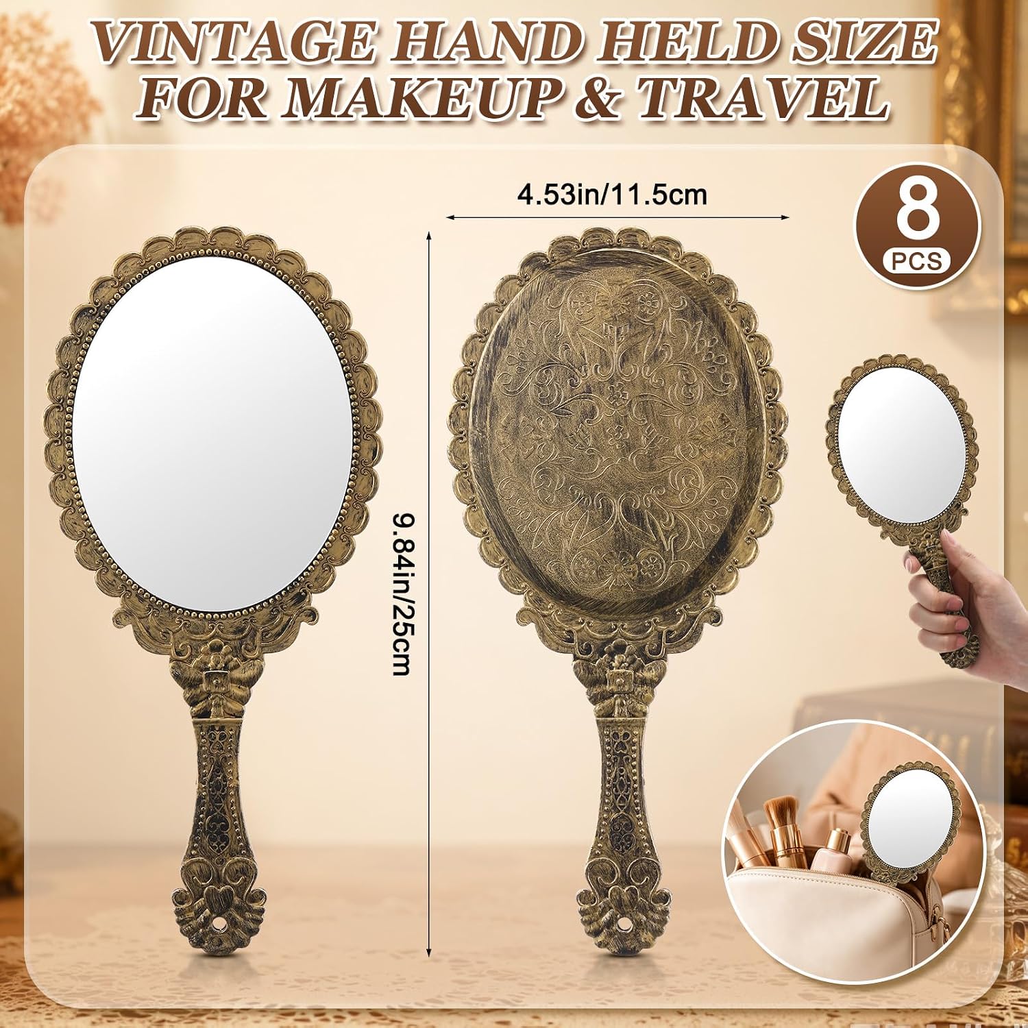 Junkin Bronze 8 Pack 9.8 x 4.5 Vintage Handheld Mirrors Retro Portable Handle Mirror Antique Baroque Vanity Embossed Makeup Mirror for Women Daily Salon Travel Home