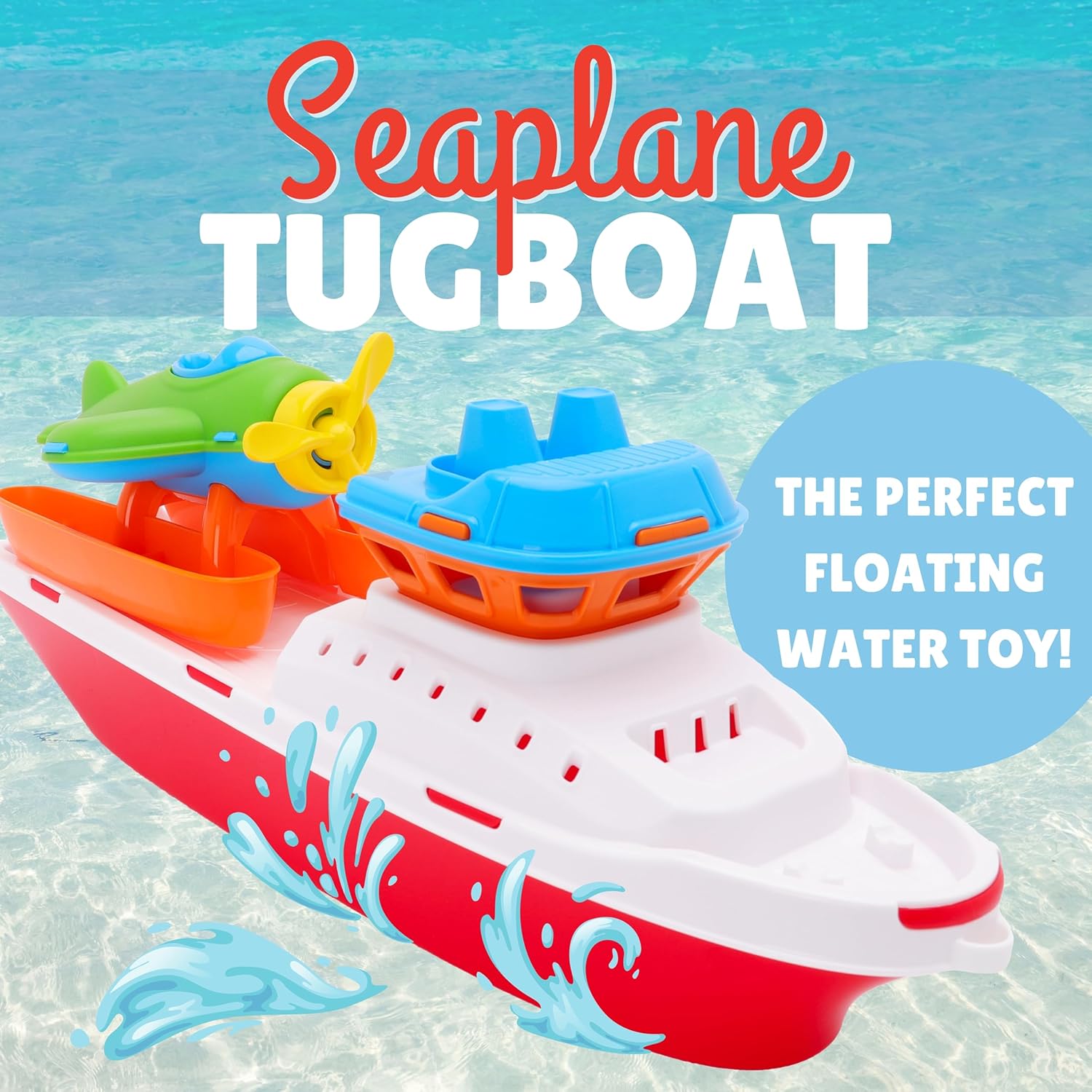 Toyland® 17" Floating Tugboat with Seaplane - Durable Water, Pool and Bathtub Toy for Kids 24 Months Plus - Non-Toxic & Easy Clean Plastic Boat