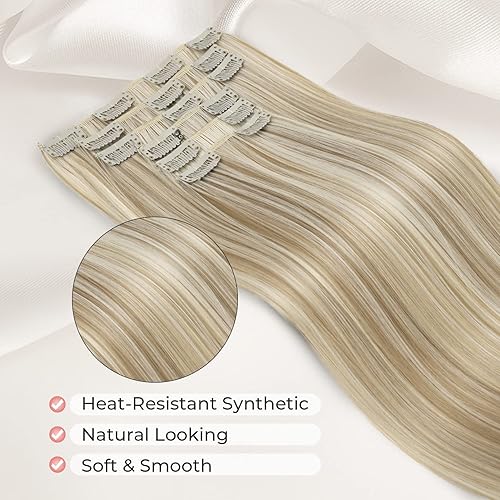 Miniatura 2 de LONAI - 6 extensiones de cabello con clip, de 24 pulgadas de largo, lacio, sintético, postizo para mujer, rubio ceniza natural