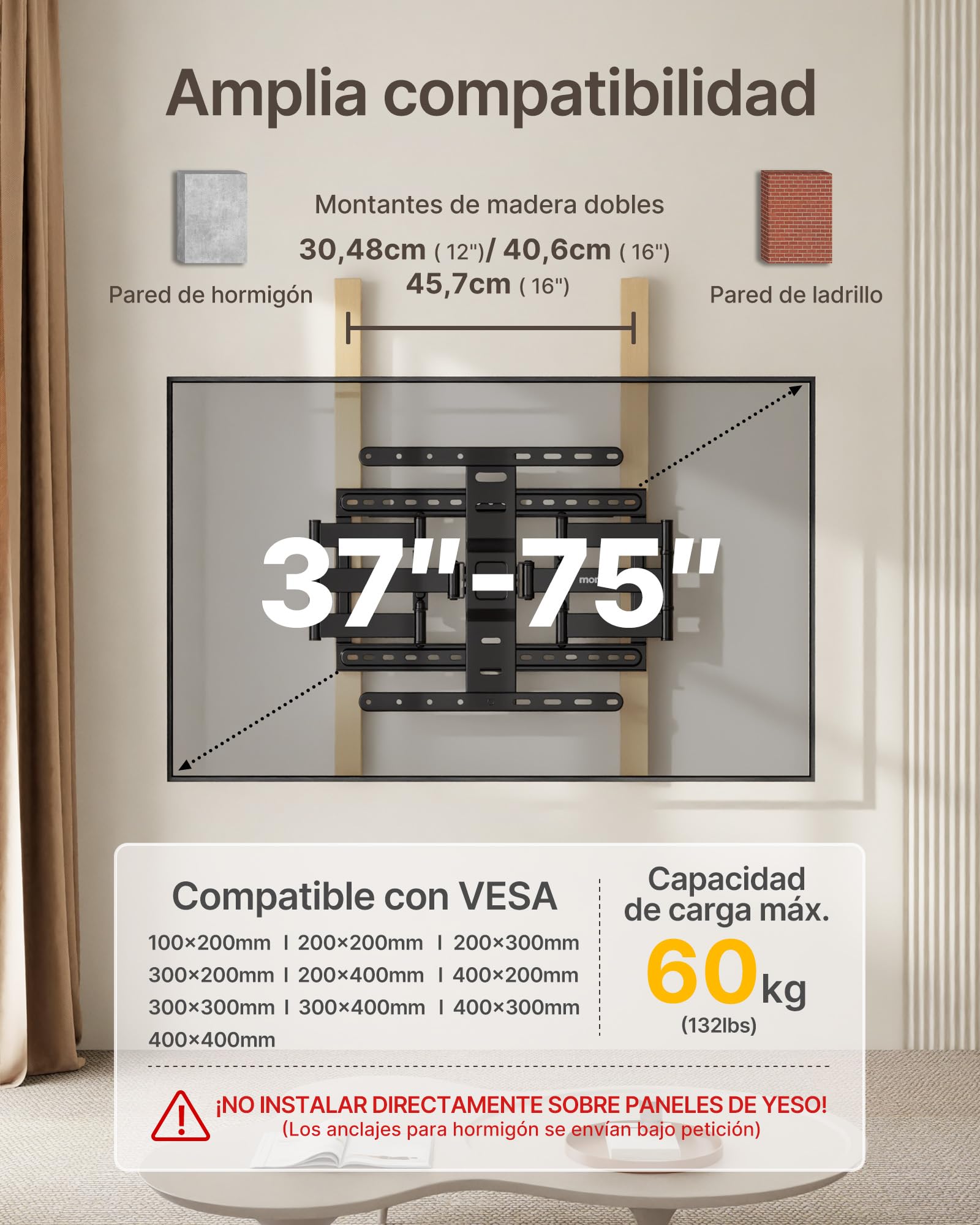 monTEK Slim - Soporte de pared para televisores de 37 a 75 pulgadas (hasta 60 kg, máx. VESA 400 x 400) | Soporte de TV de 1,1 pulgadas, orientable, inclinable y extensible, totalmente móvil, 4 posiciones de carga, fácil montaje
