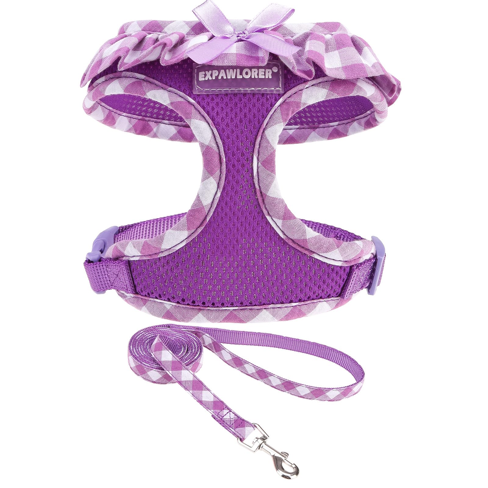 EXPAWLORER Cute Dog Harness and Leash Set - Purple Girl Dog Harness Checkered Step-in Design, Easy Adjustable No-Choke Lightweight Breathable Vest for Puppy Small Dogs Cats Outdoor Walking, Small — image 1