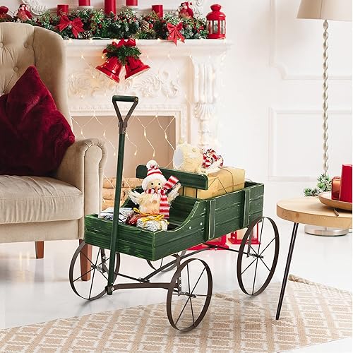 Miniatura 7 de Giantex Macetas pequeñas para plantas al aire libre, cama de jardín decorativa con ruedas de metal, camas elevadas de madera, soporte para macetas