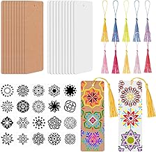 Blank Bookmark Kit, Cardboard Bookmark, 20 Unfinished White and Brown Handmade Paper Bookmarks, with 20 Mandala Stencils, 20 Random Color Tassels