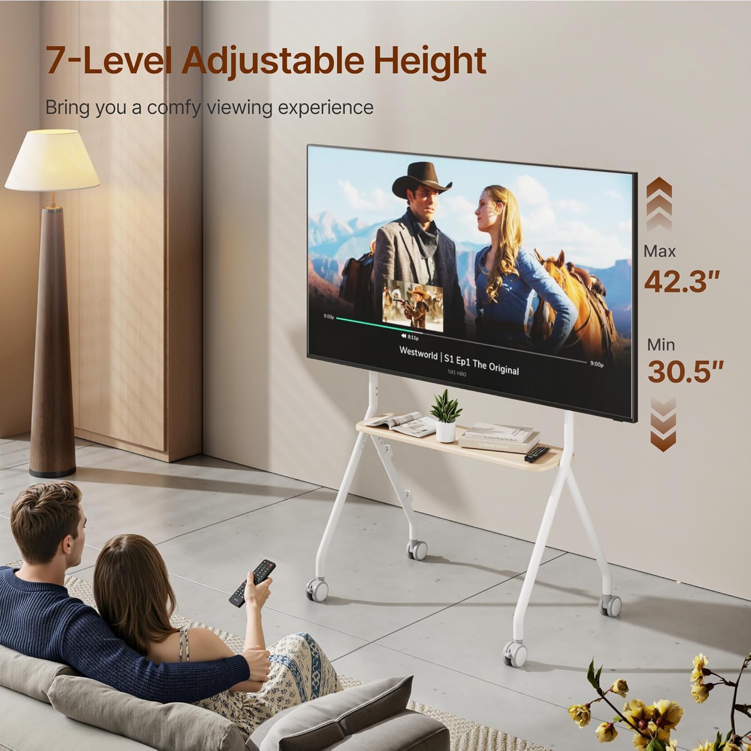 Easel Rolling TV Stand for 49-80 Inch TV Screen up to 110 LBS, Portable TV Stand with Wheels, Rolling TV Cart for Business, Office, School, Home, White