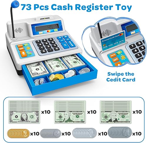 Miniatura 2 de Calculadora de caja registradora de juguete de regalo para niños de 3, 4, 5, 6, 7, 8 años en adelante, 103 piezas de comestibles con micrófono,