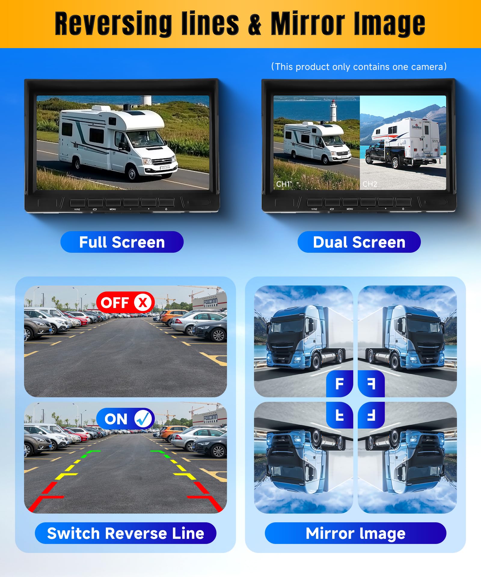 VECHTEL 1080P Caméra de recul avec écran IPS 7 Pouces,kit d'aide au stationnement,1024 x 600,IP69 AHD Vision Nocturne pour SUV, camionnette, Camping-Car, avec Pare-Soleil, câble de 15 m, 12-24 V