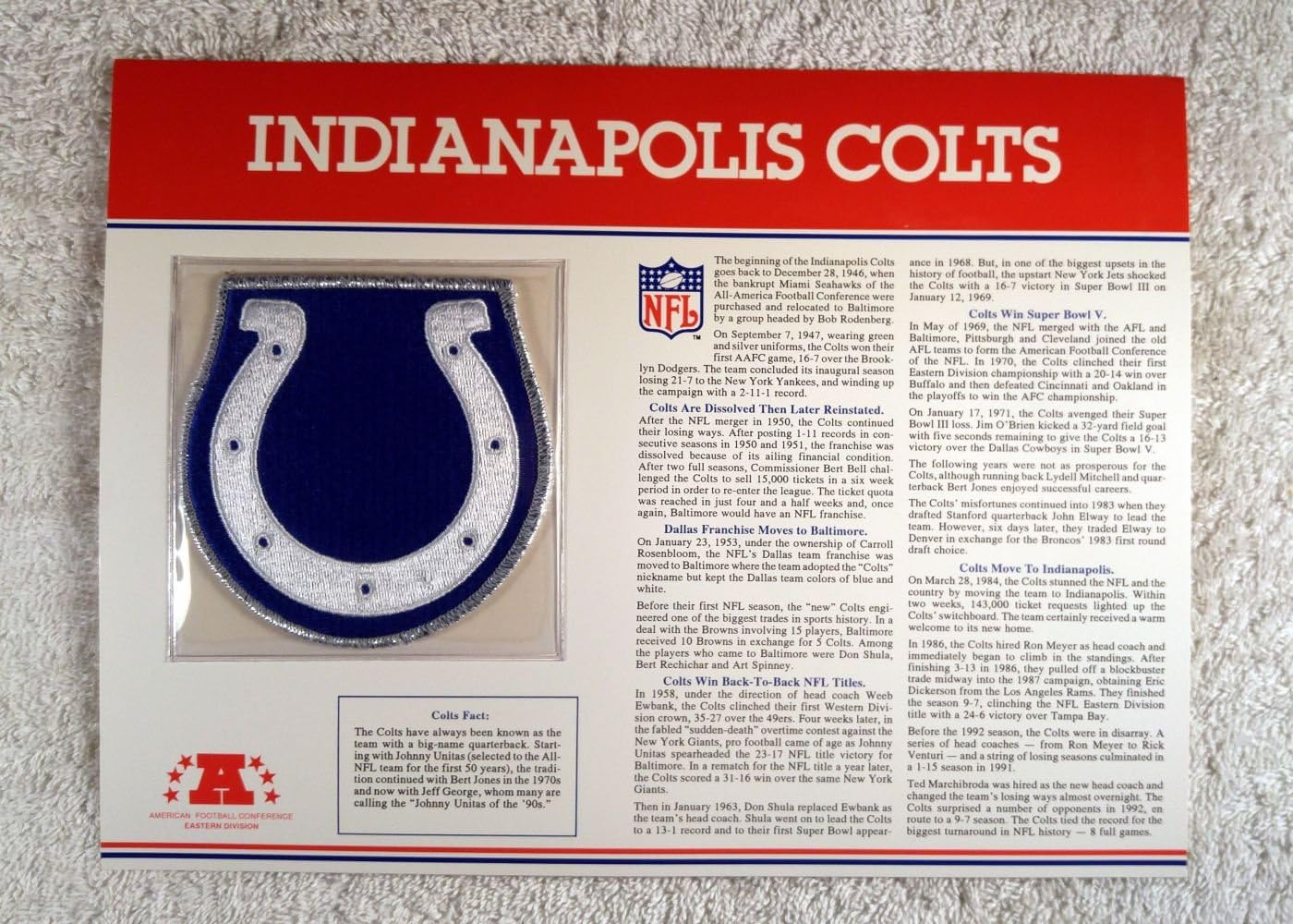 Indianapolis Colts Team Patch & History Card Official