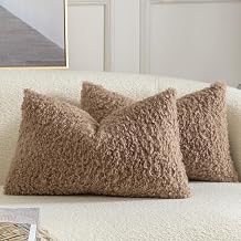 Yaertun Pack of 2 Faux Fur Throw Pillow Covers Decorative Sherpa Boucle Pillow Covers Fuzzy Soft Pillowcases Sheepskin Fleece Cushion Case for Couch Sofa Bed Living Room 12x20 Inch Khaki